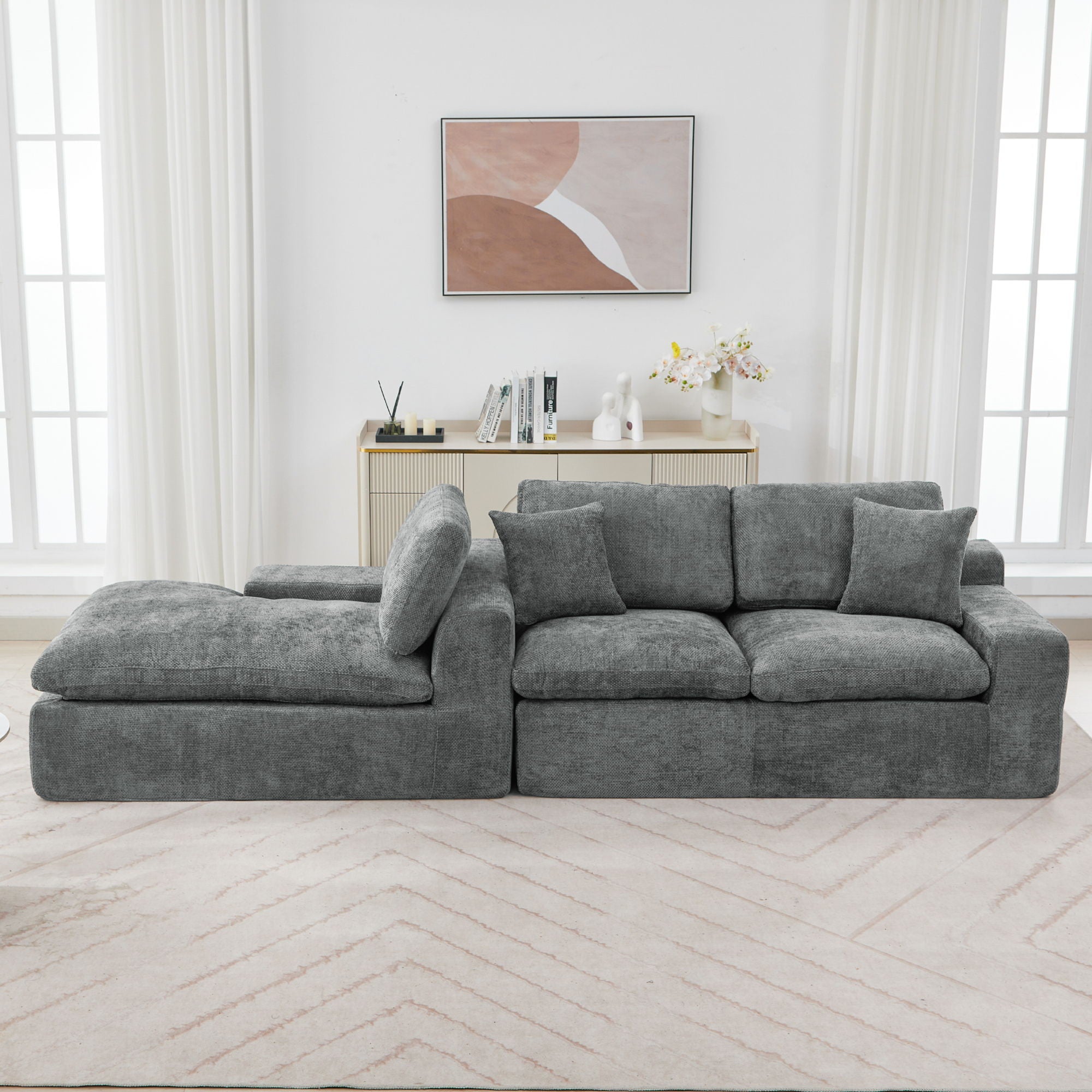 Cloud Sectional Sofa With Double Layer Cushion And Side Pockets, Free-Combined