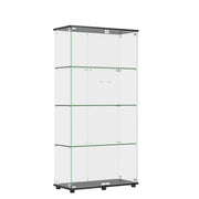 Modern Glass Display Cabinet With 4 Shelf Double Doors And Lock, Tempered Glass Bookshelf For Living Room - Black