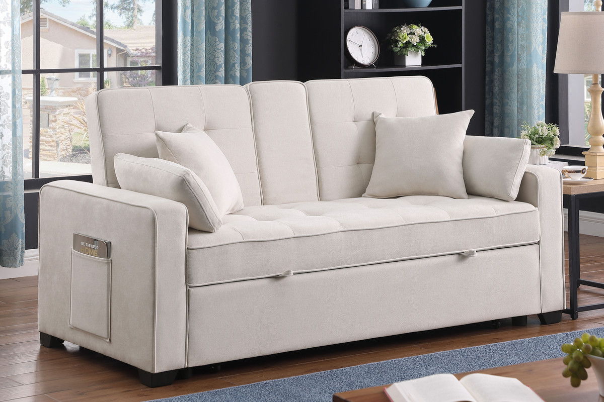 Cody II 70"W Beige Woven Fabric Convertible Sleeper Loveseat with Dropdown Console, Cup Holders, Charging Ports, Pocket, and Pocket Coil Seating