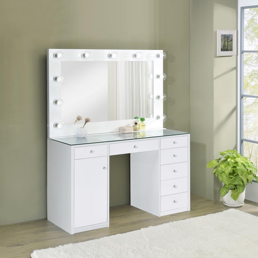 Coaster Fine Furniture Acena - 7-Drawer Vanity Set With Lighting - White High Gloss | Meri Furniture