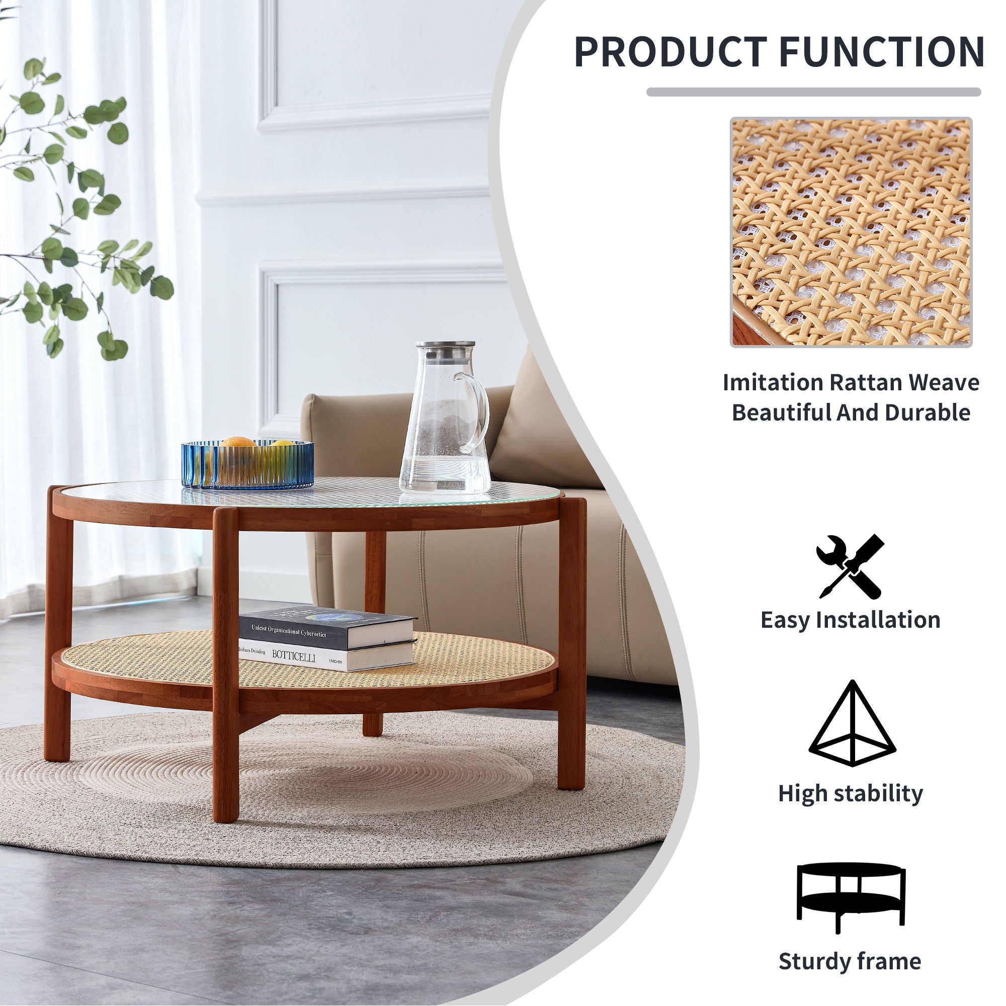 Modern Style Circular Double Layer Tea Table With Rattan Weave