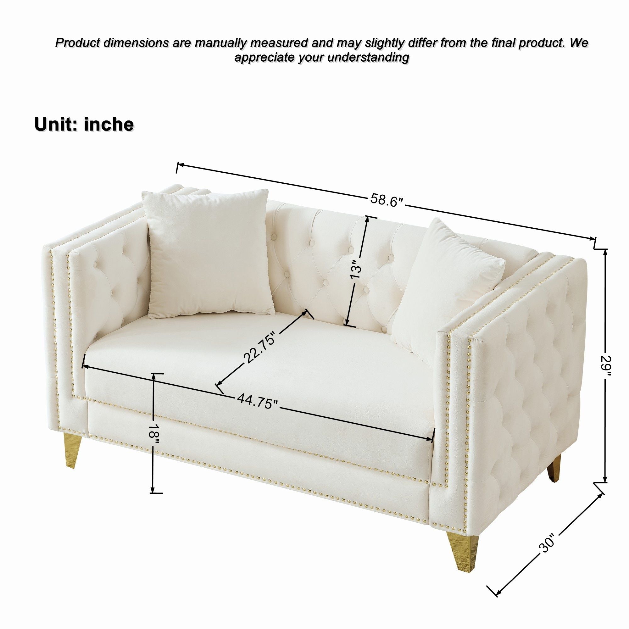 2 Seater Deep Seat Sofa With Button Nailhead, Square Arm