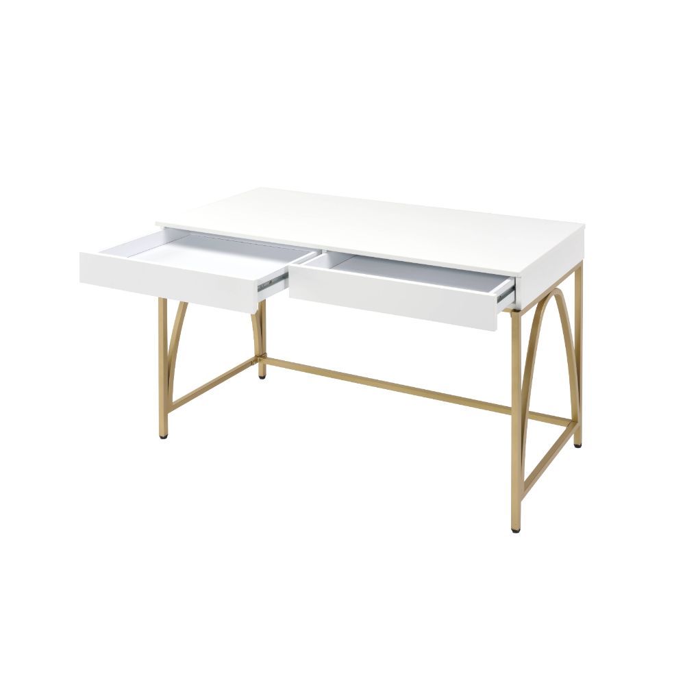 ACME Lightmane - Desk - White High Gloss & Gold | Meri Furniture