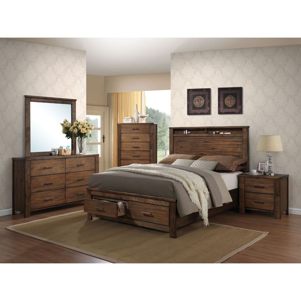 The Merrilee bedroom collection features spacious storage headboard and footboard. The pieces are nicely matched with oak finish coating and antique brass metal hardware, offering a warm and stylish relaxing environment.