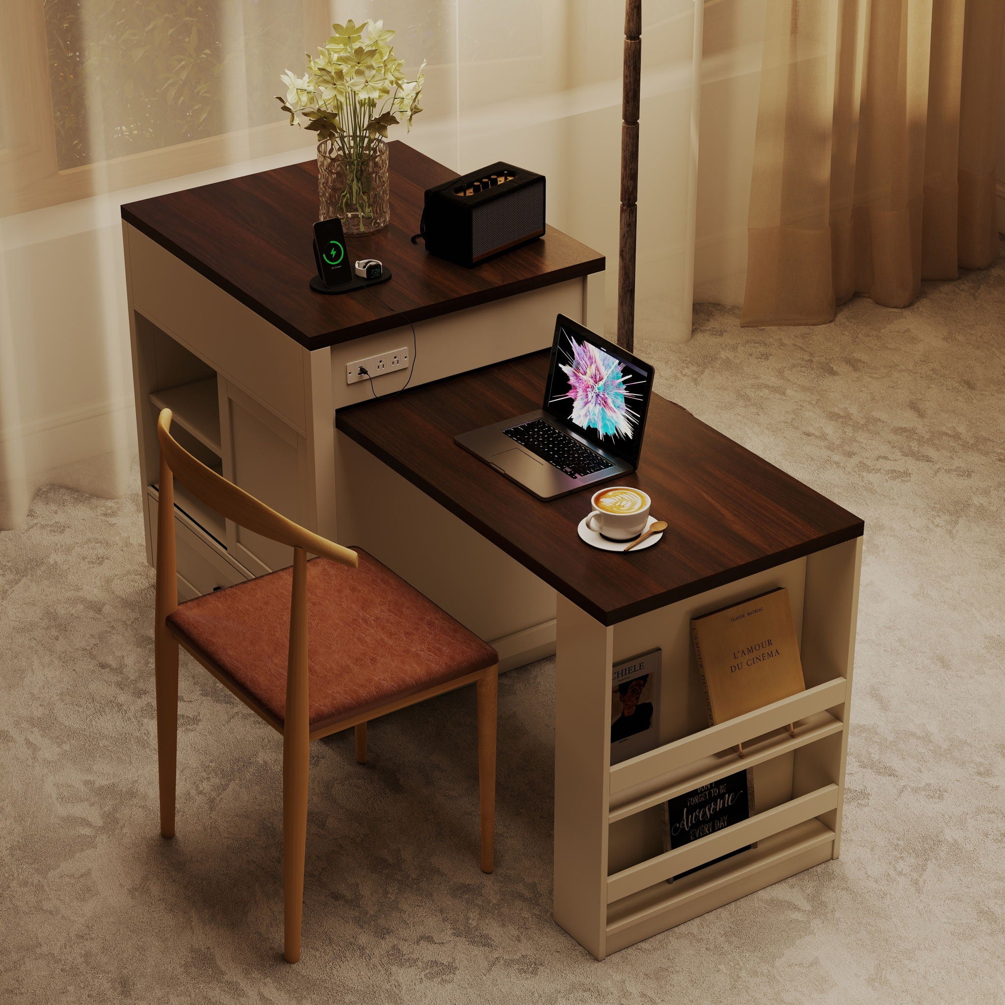 Extendable Kitchen Island With Slide Out Table And Storage Racks For 2 - 6 Person, Power Outlet, Bar, Prep Station - Creamy White / Walnut