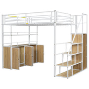 Full Size Loft Bed With Storage Staircase, Wardrobe, Shelves, And Lockers Natural Mdf Details - White / Natural