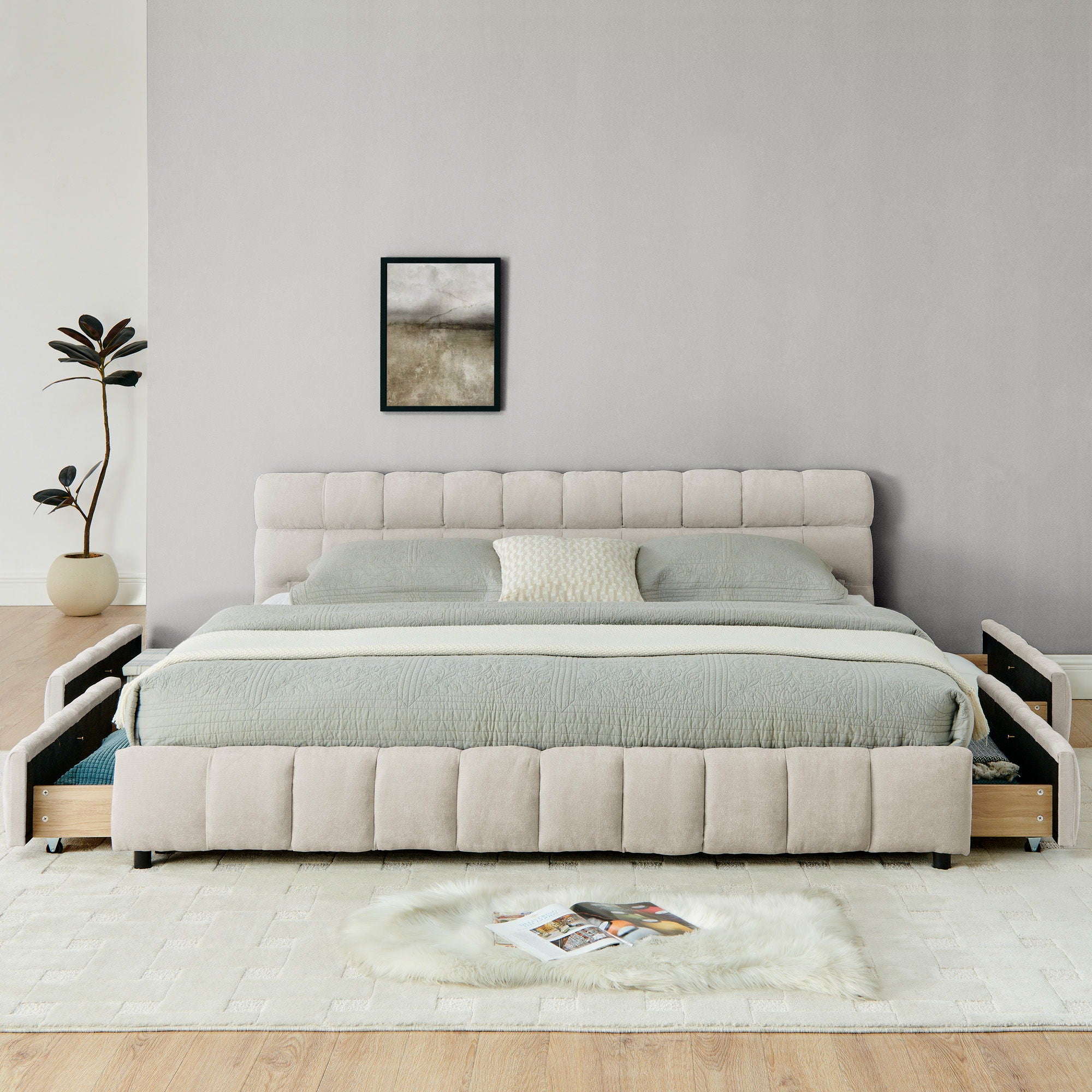 Modern Platform Bed Frame With Thick Chenille Fabric