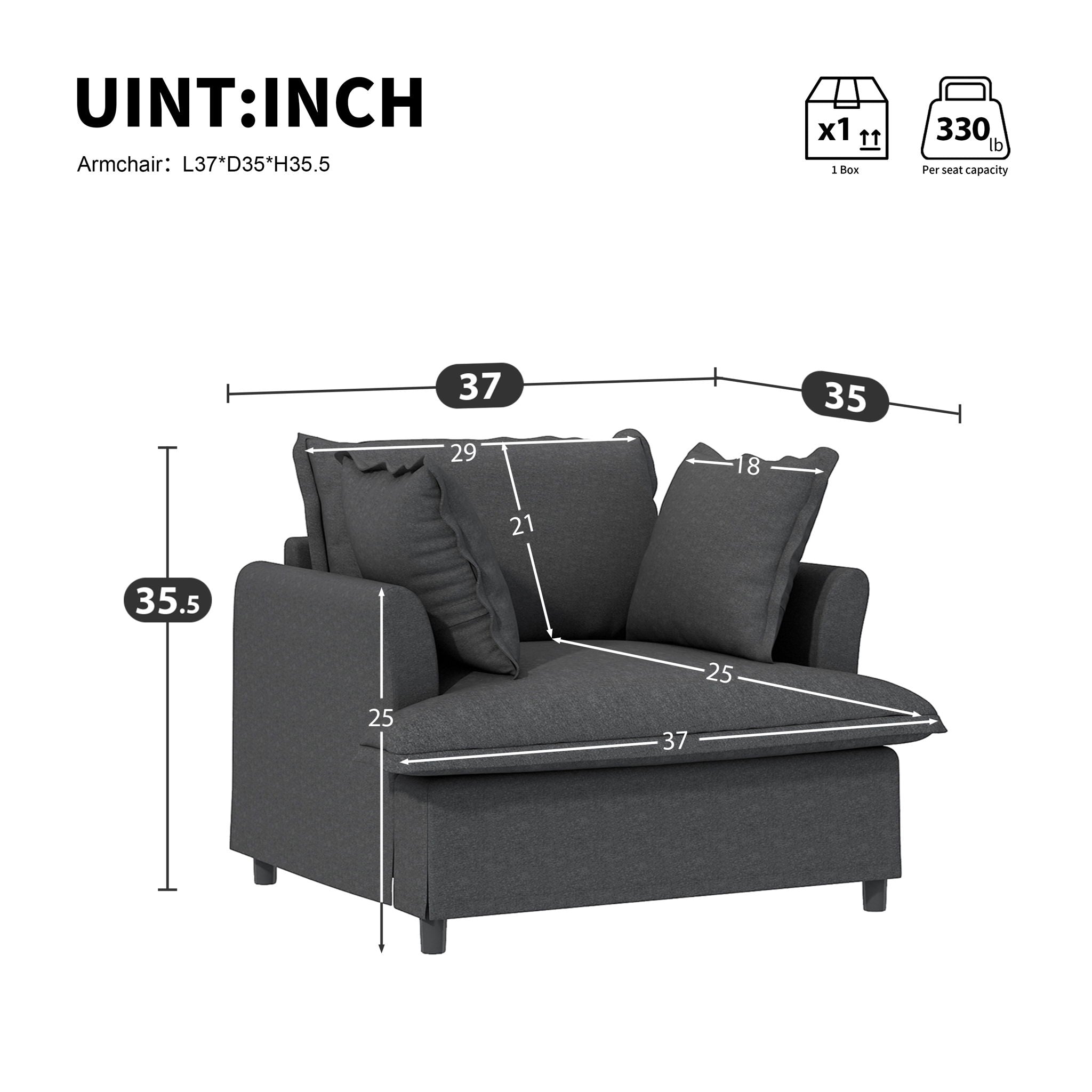 Oversized Single Seat Sofa Module For Modular Sectional Wide Seat, Armchair With Pillows Modern Upholstered Comfy Single Couch Lounge