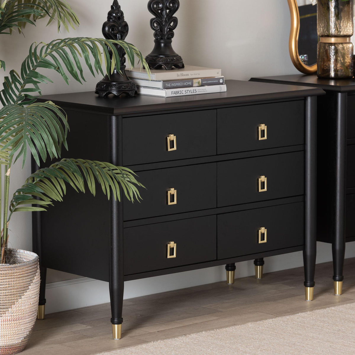 Tamra Black Wood Chest with Drawers - Bedroom Storage Unit with Metallic Accents, 6-Drawer Modern Transitional Bedroom Storage Solution