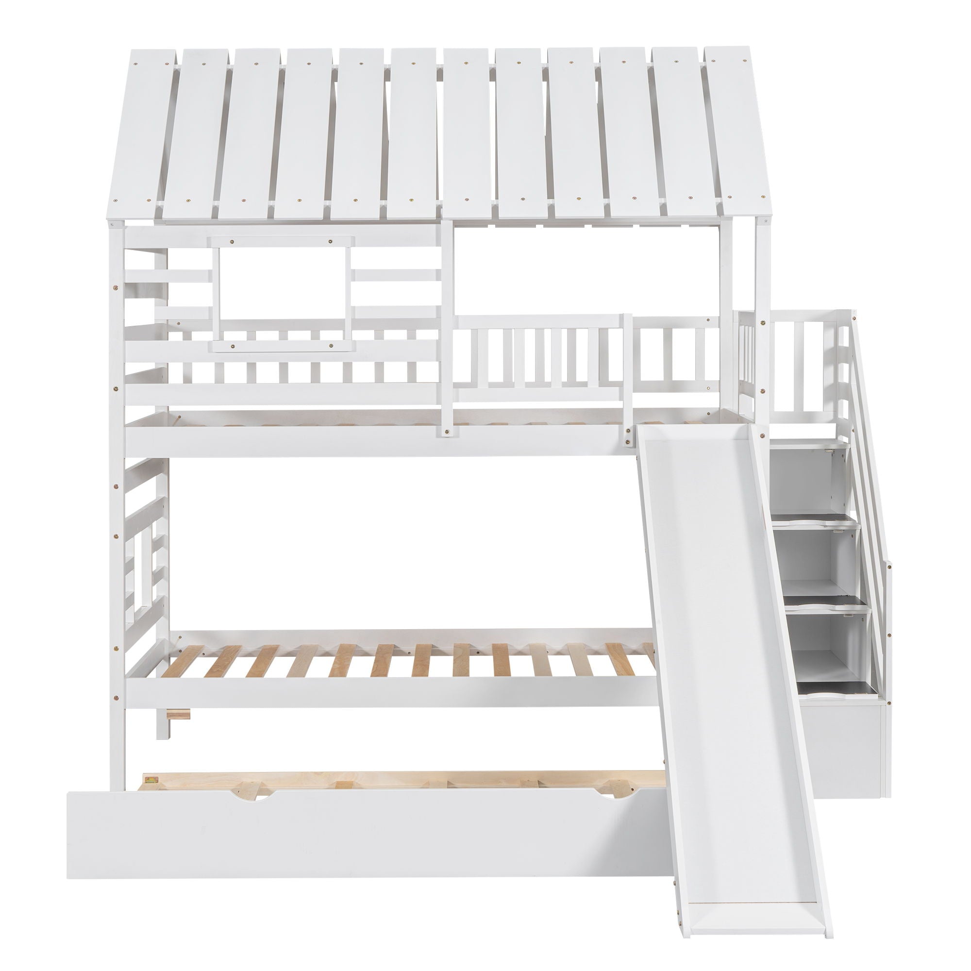House Bunk Bed With Trundle, Storage Staircase, Roof And Window Design