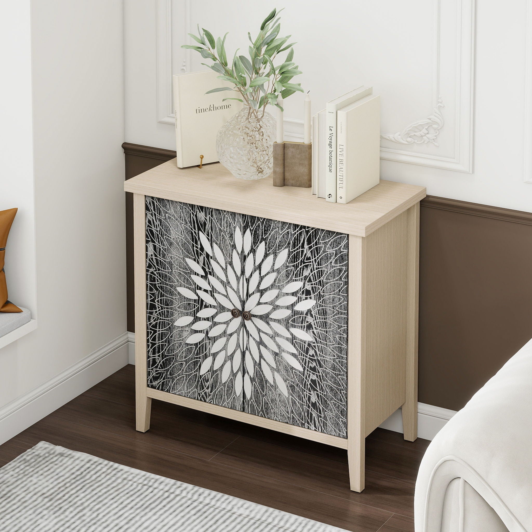 2 Door Carved Storage Cabinet With Adjustable Shelf, Accent Furniture