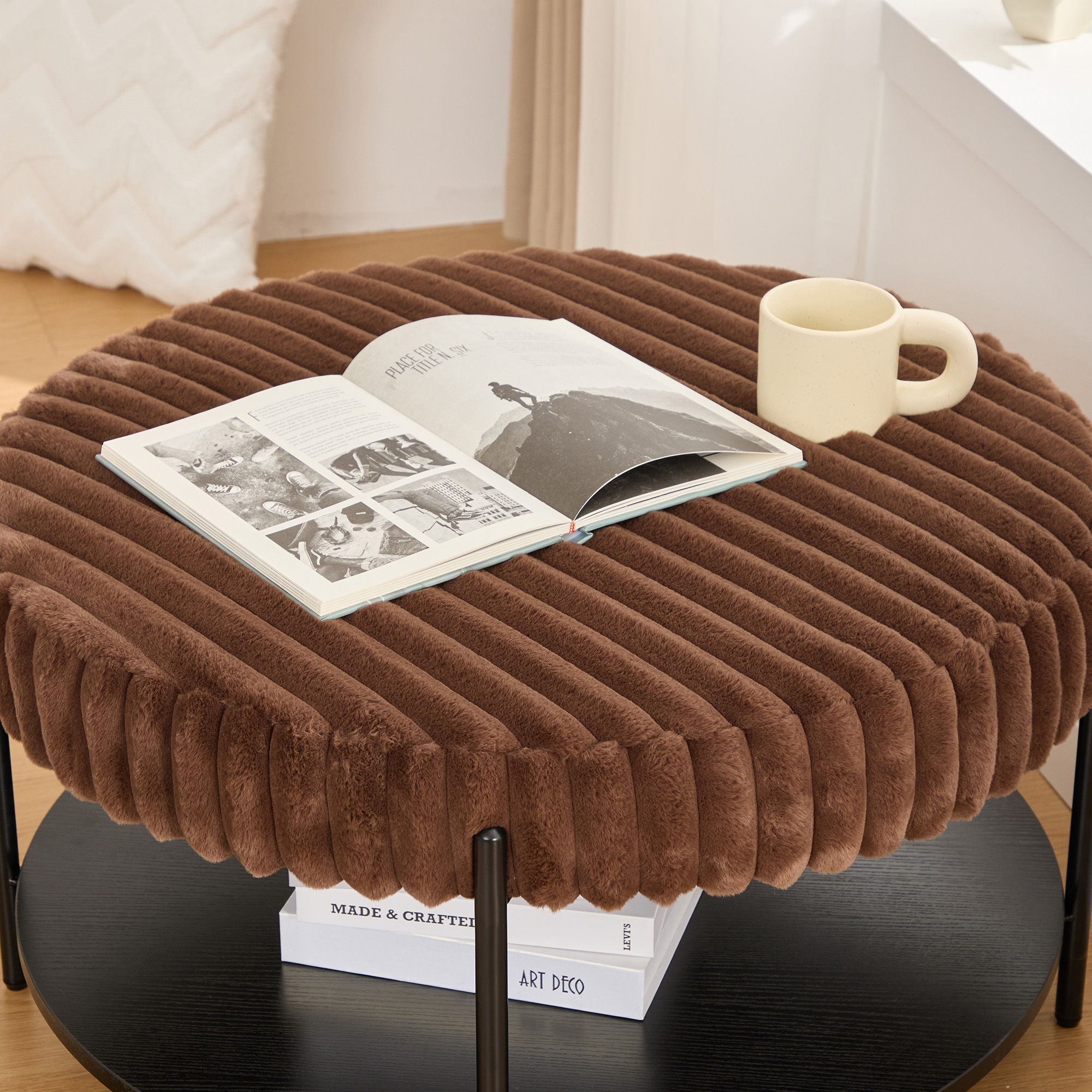 Modern Upholstered Round Ottoman Coffee Table With Storage Shelf
