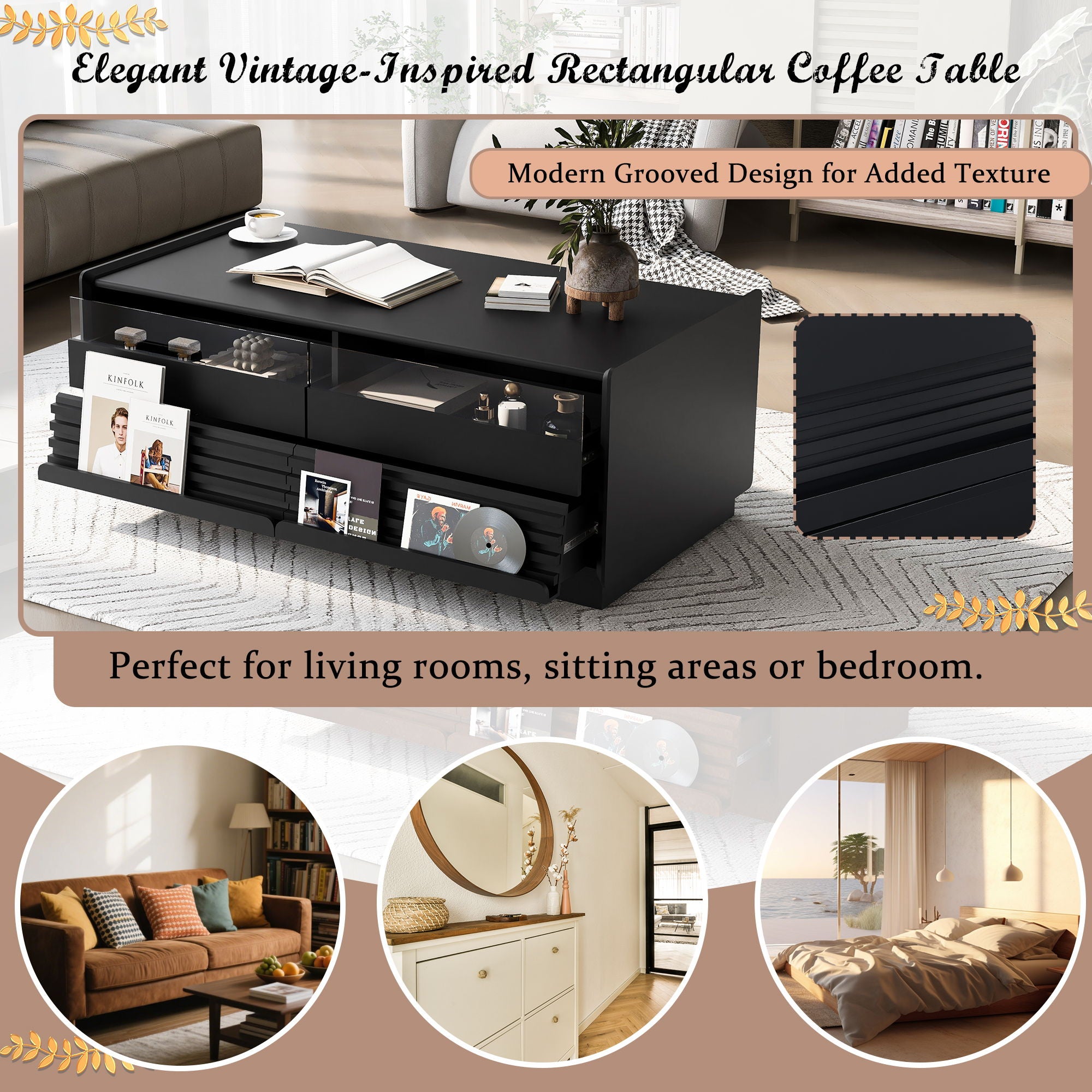 Modern Rectangle Coffee Table With 4 Drawers And 2 Display Shelves