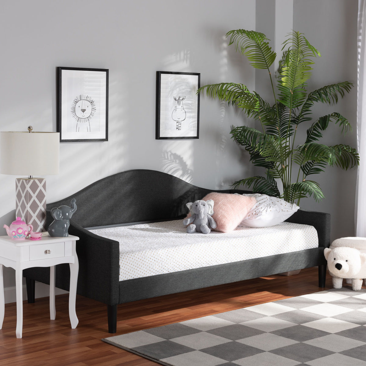 Milligan Modern and Contemporary Charcoal Fabric Upholstered and Dark Brown Finished Wood Twin Size Daybed