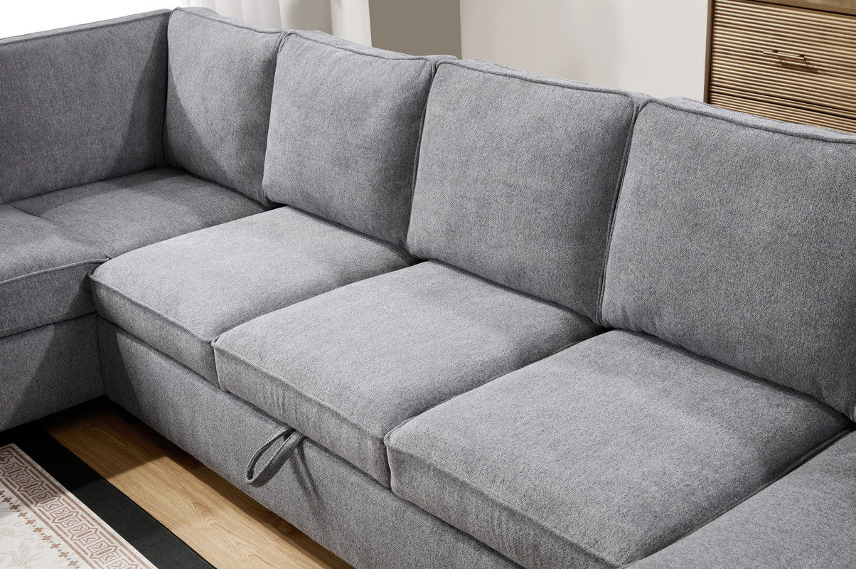 Samara 137"W Gray Chenille Sectional Sofa with Right-Facing Chaise, Underseat Storage, Throw Pillows