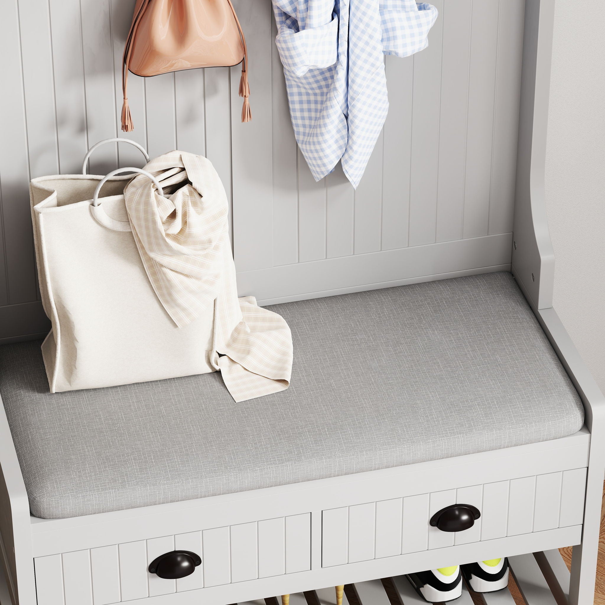 Modern 3 In 1 Hallway Hall Tree With Storage Drawers, Coat Rack, Shoe Rack Bench And Cushion