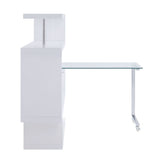 Writing Desk w/Swivel Function 360 Open Storage: 4 Shelves Clear Glass Desk Top High Gloss Finish 2 Wheels Included