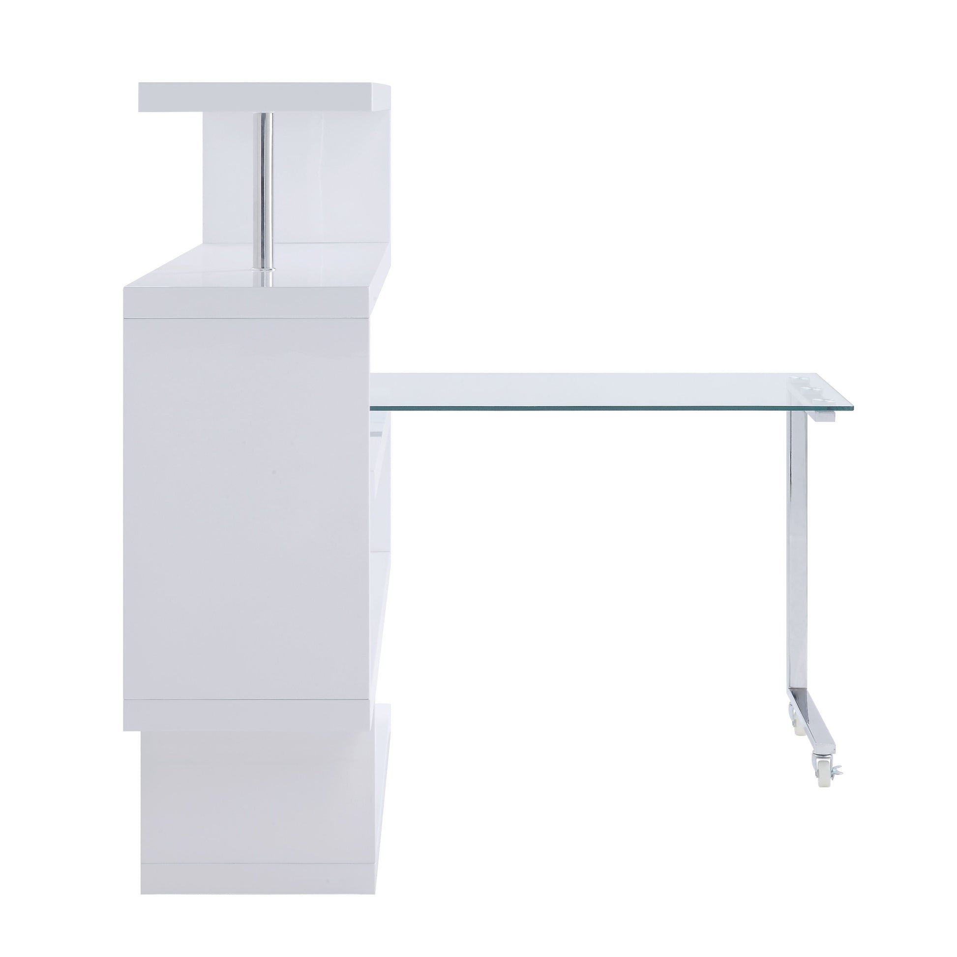 ACME Writing Desk w/Swivel Function 360 Open Storage: 4 Shelves Clear Glass Desk Top High Gloss Finish 2 Wheels Included | Meri Furniture