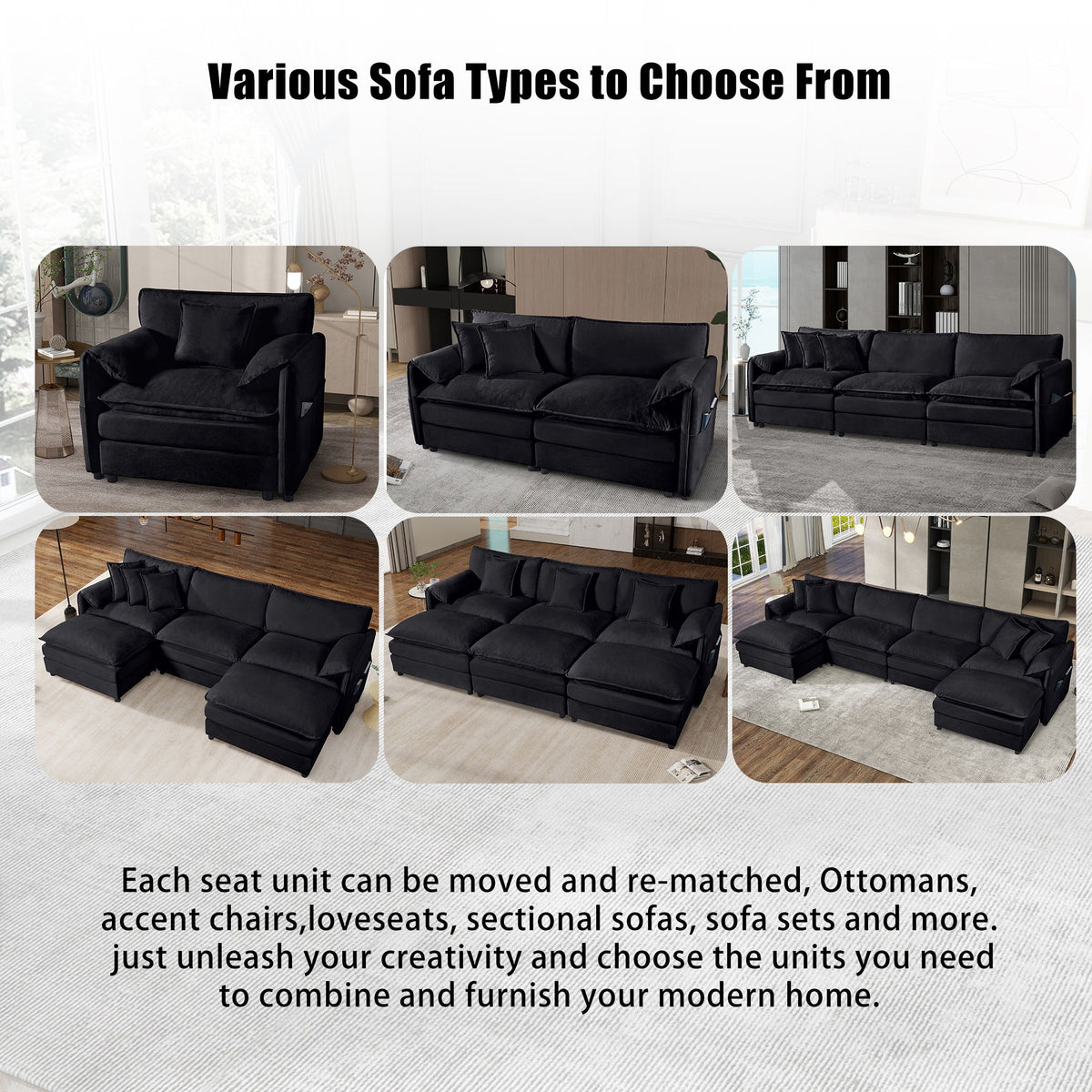 Modern Comfy Deep Seat Modular Sectional Sofa Cloud Couch With Ottoman