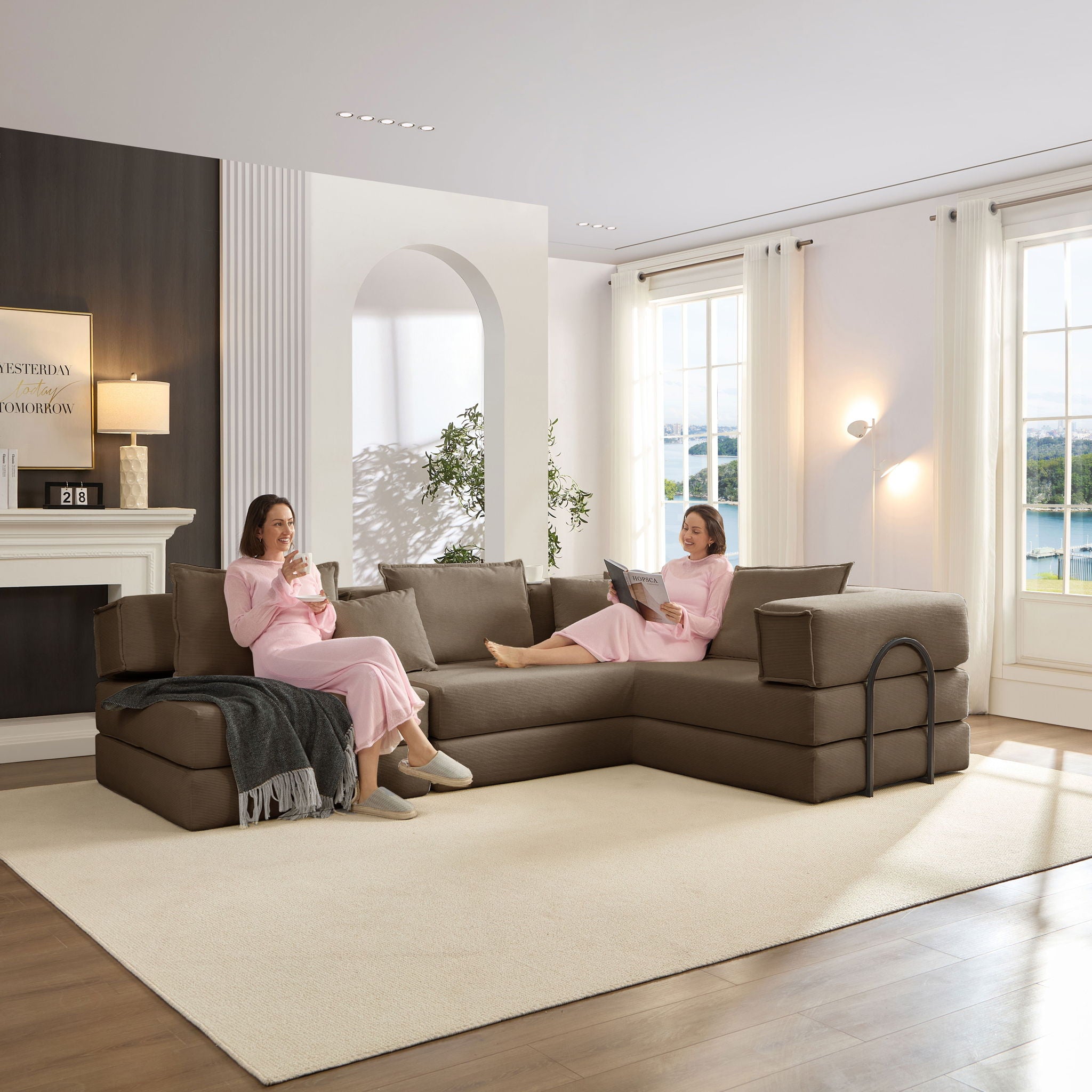 Modular L Shaped Floor Living Room Sofa Set With 6 Pillows