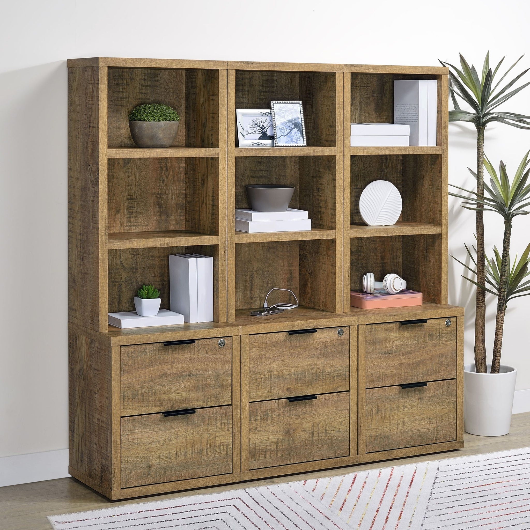 Multifunctional Bookcase With Three Open Shelves, 2 Drawers, Dual USB Charging Outlet