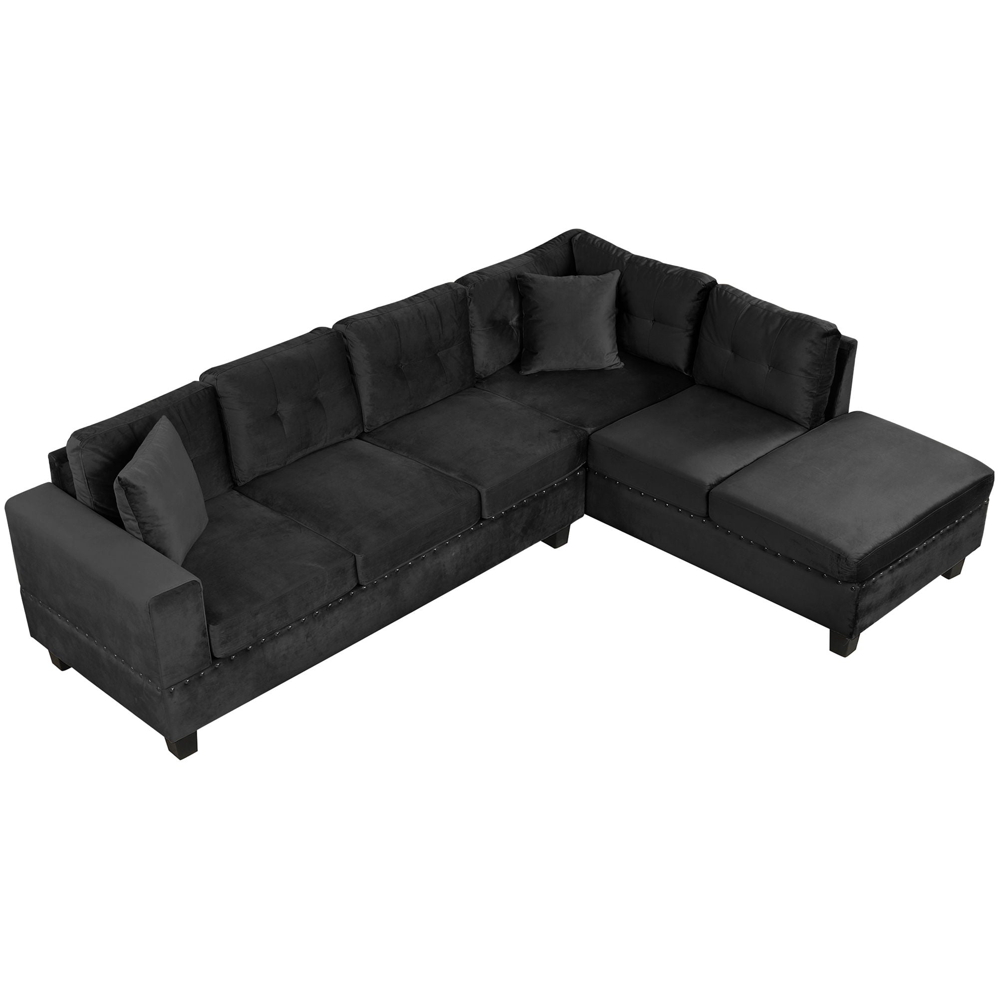 Modern Sectional Sofa With Storage Ottoman, L - Shape Couch With 2 Pillows And Cup Holders