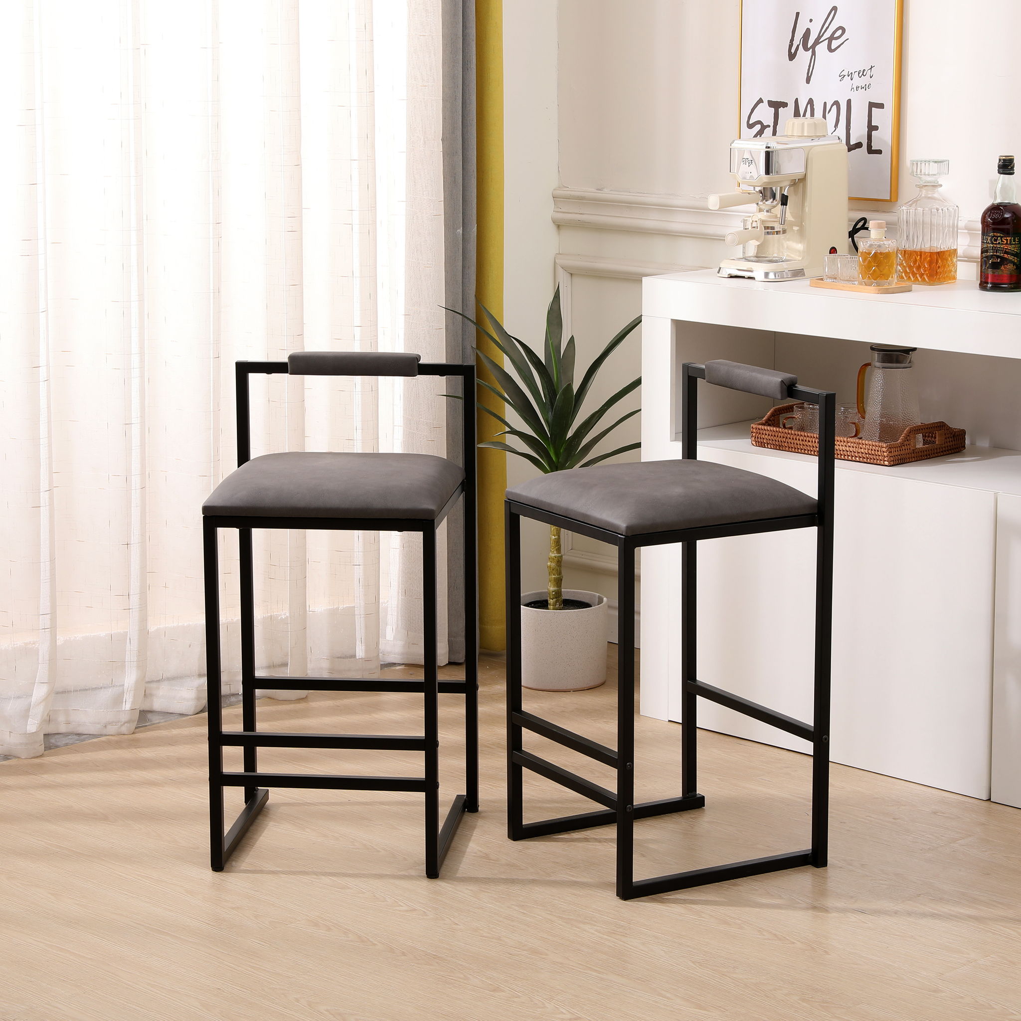 Elegant Bar Stool Set With Backrest And Footrest, Counter Height (Set of 2)