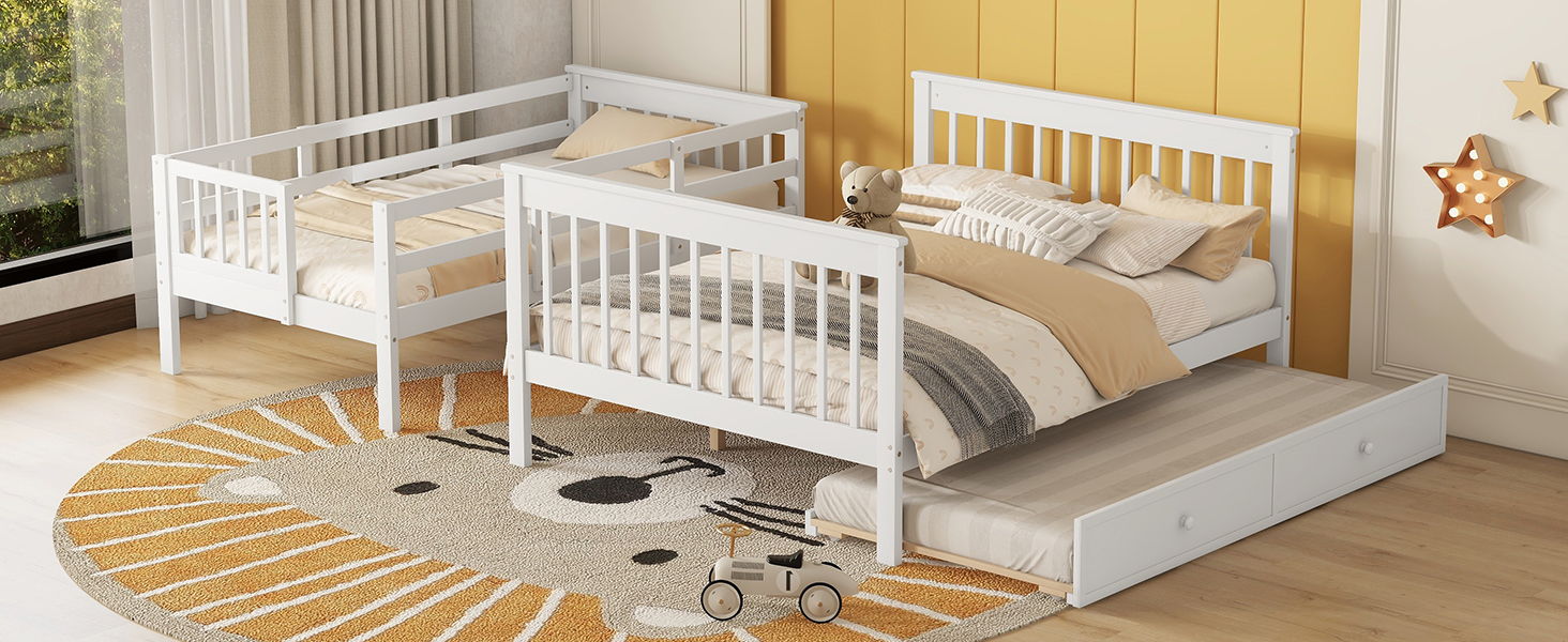 Bunk Bed With Twin Size Trundle, Storage And Guard Rail For Bedroom