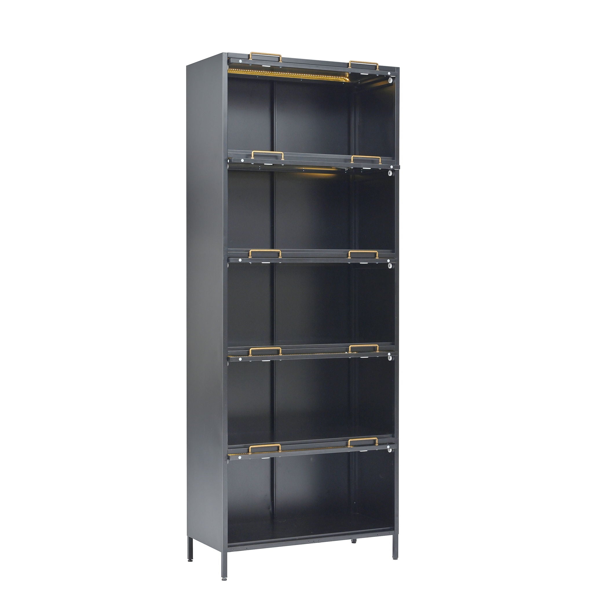 Modern Steel Display Cabinet With Glass Doors And LED Lights, 5 Tier Steel Barrister Bookcase For Home Or Office - Black