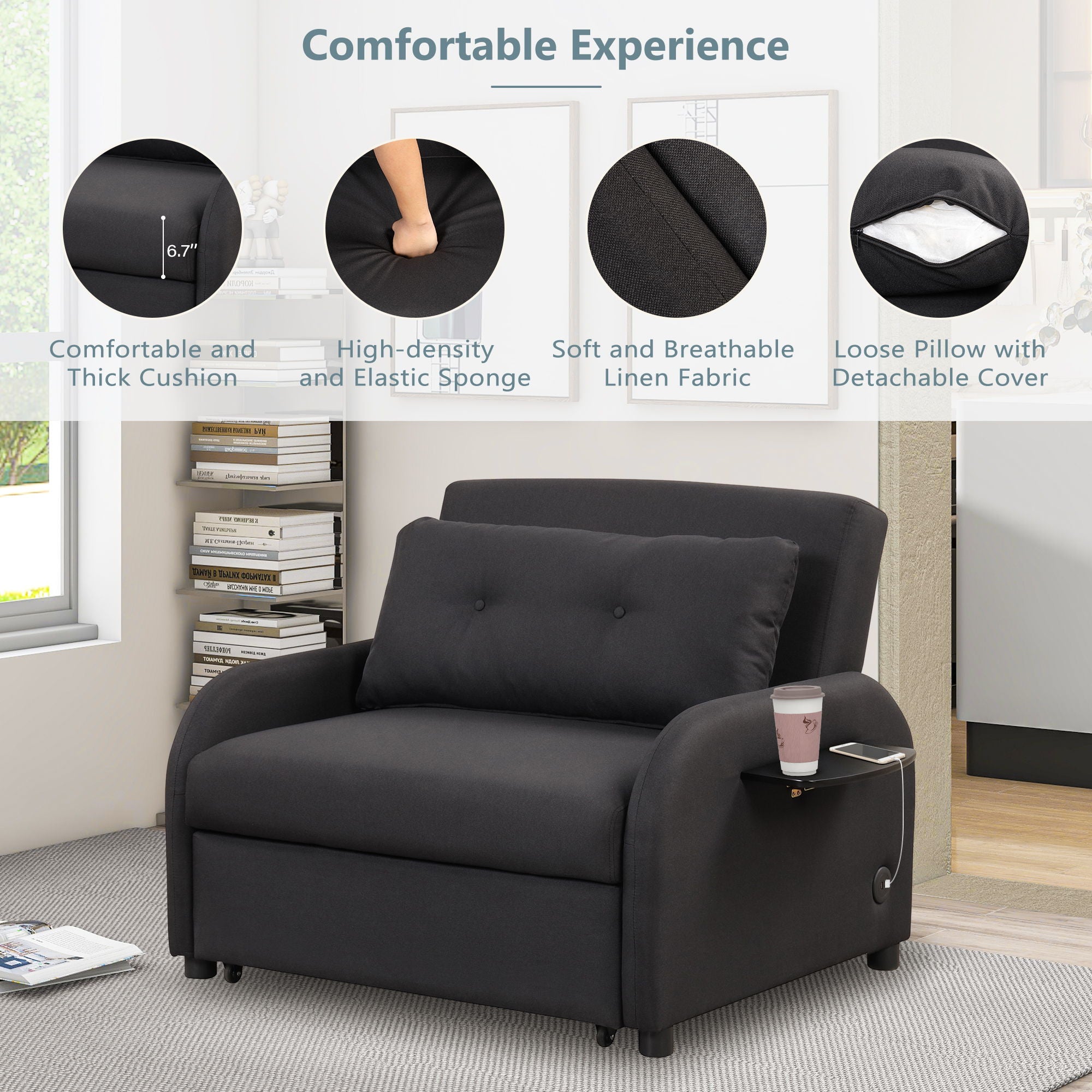Versatile Pull Out Sofa Sleeper 3 In 1 With Wing Table & USB Charge, Compact Design
