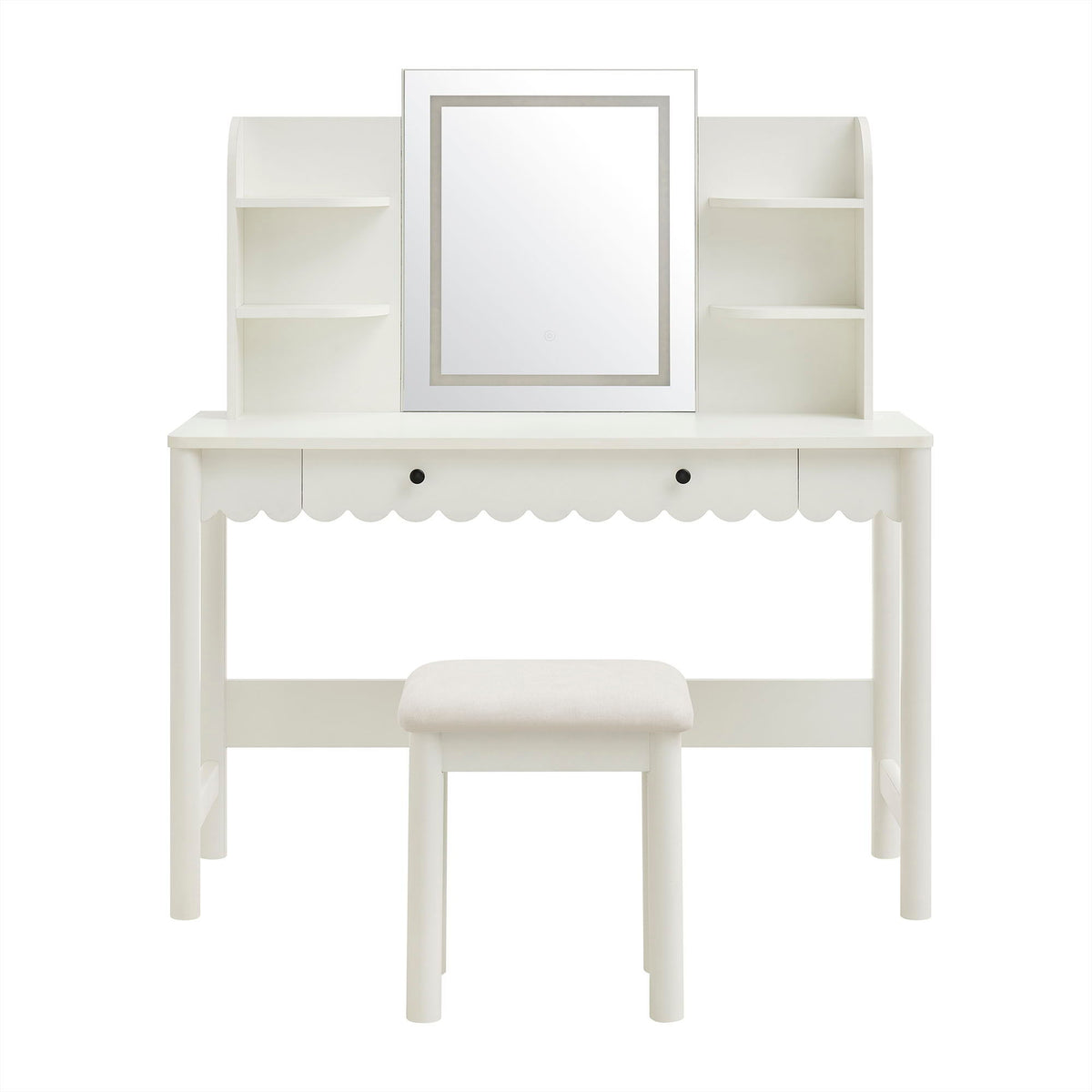 Emmeline Scalloped Makeup Vanity Desk With LED Mirror and Stool by Modway