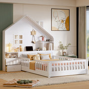 Full Size House Bed With Window And Bedside Drawers, Platform Bed With Shelves And A Set Of Sockets And USB Port - White