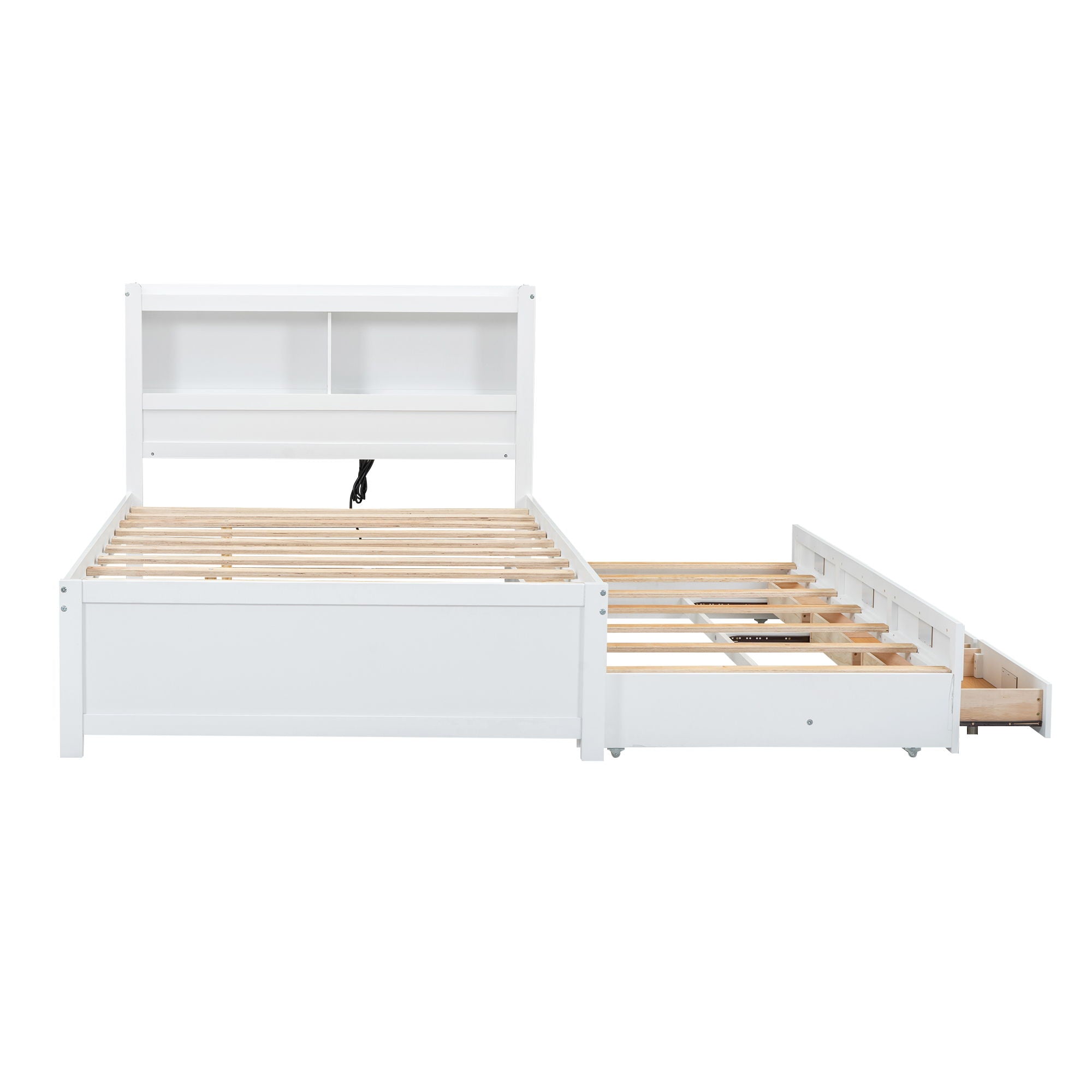 Full Size Platform Bed With Trundle, Drawers, USB Ports And Built In Shelves - White