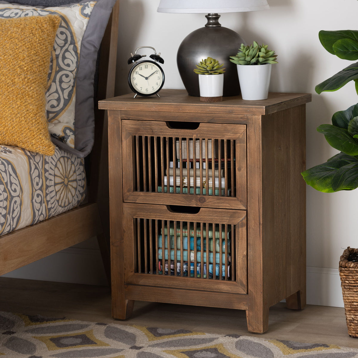 Clement Rustic Transitional Medium Oak Finished 2-Drawer Wood Spindle End Table