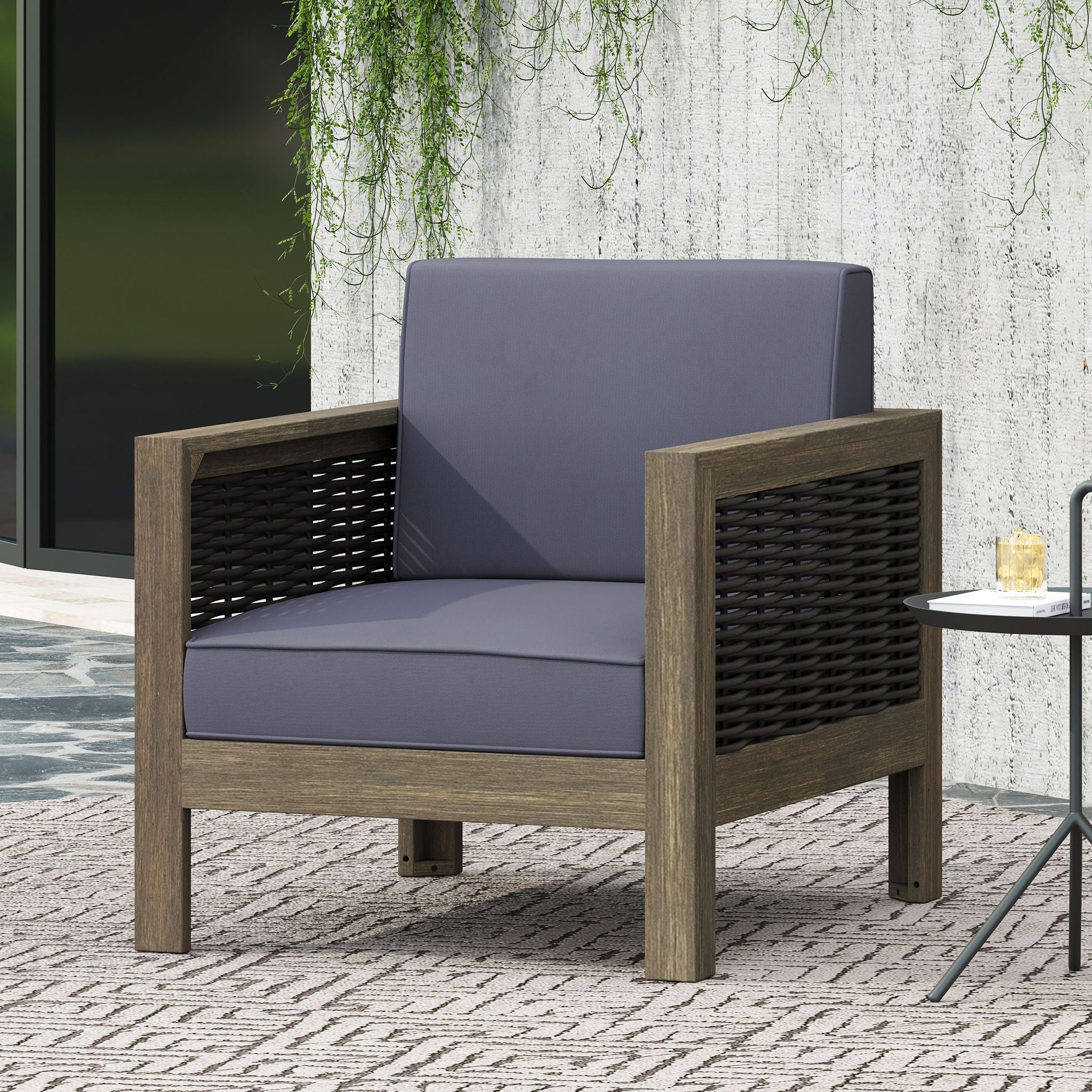 Outdoor Acacia Wood Club Chair With Wicker Accents