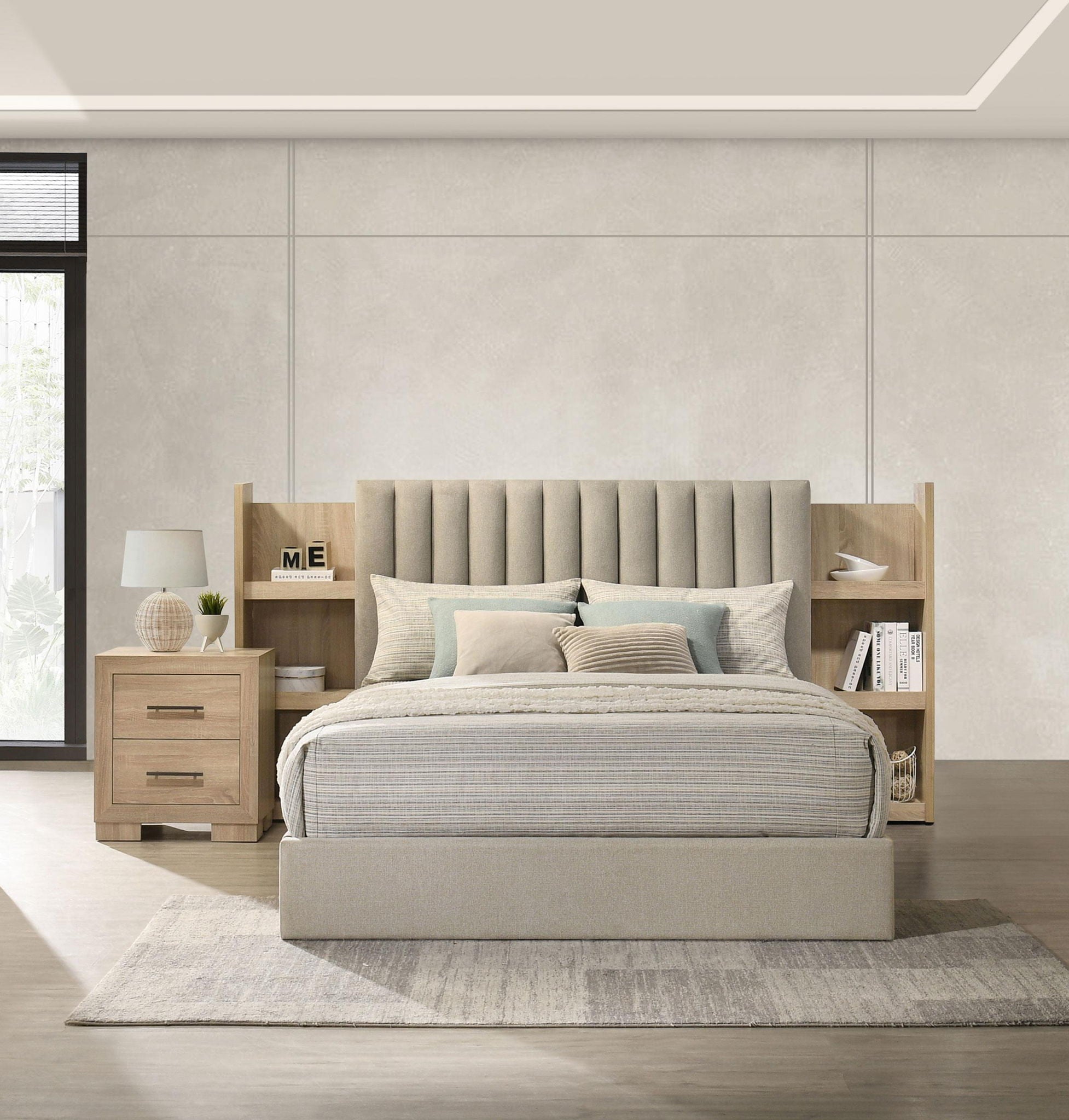 Arielle Queen Bookcase Panel Storage Bed Light Oak