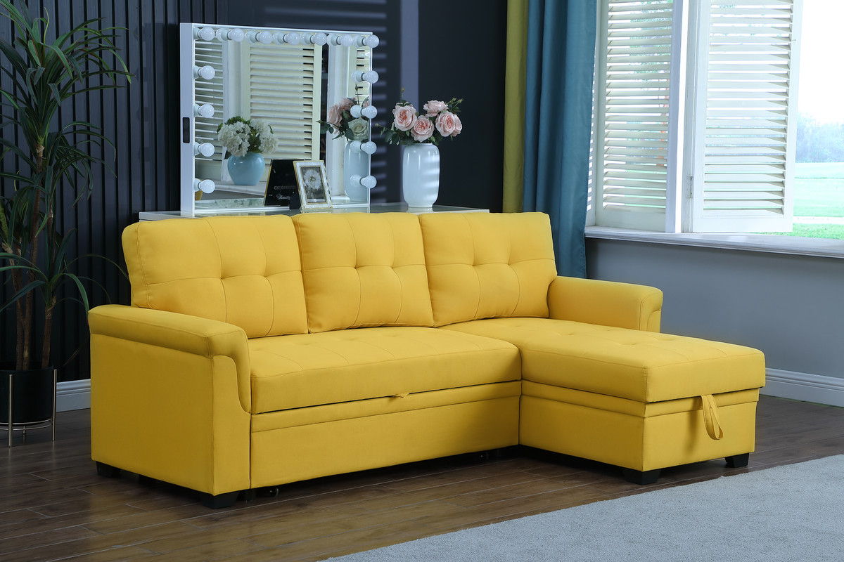 Lucca 84"W Yellow Linen Reversible Sleeper Sectional Sofa with Storage Chaise