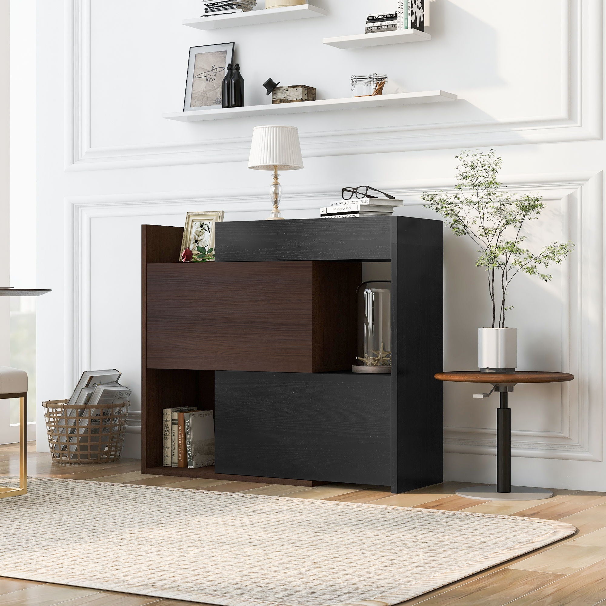 Modern Extendable & Rotating Cabinet With Drawer And Flip Doors For Versatile Storage - Black / Dark Walnut