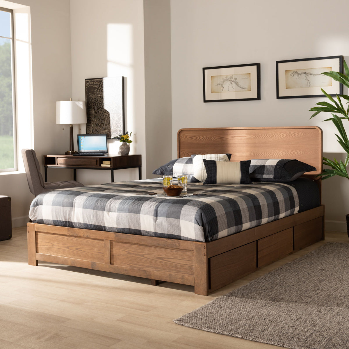 Eleni Modern and Contemporary Transitional Dark Grey Fabric Upholstered and Ash Walnut Brown Finished Wood Full Size 3-Drawer Platform Storage Bed