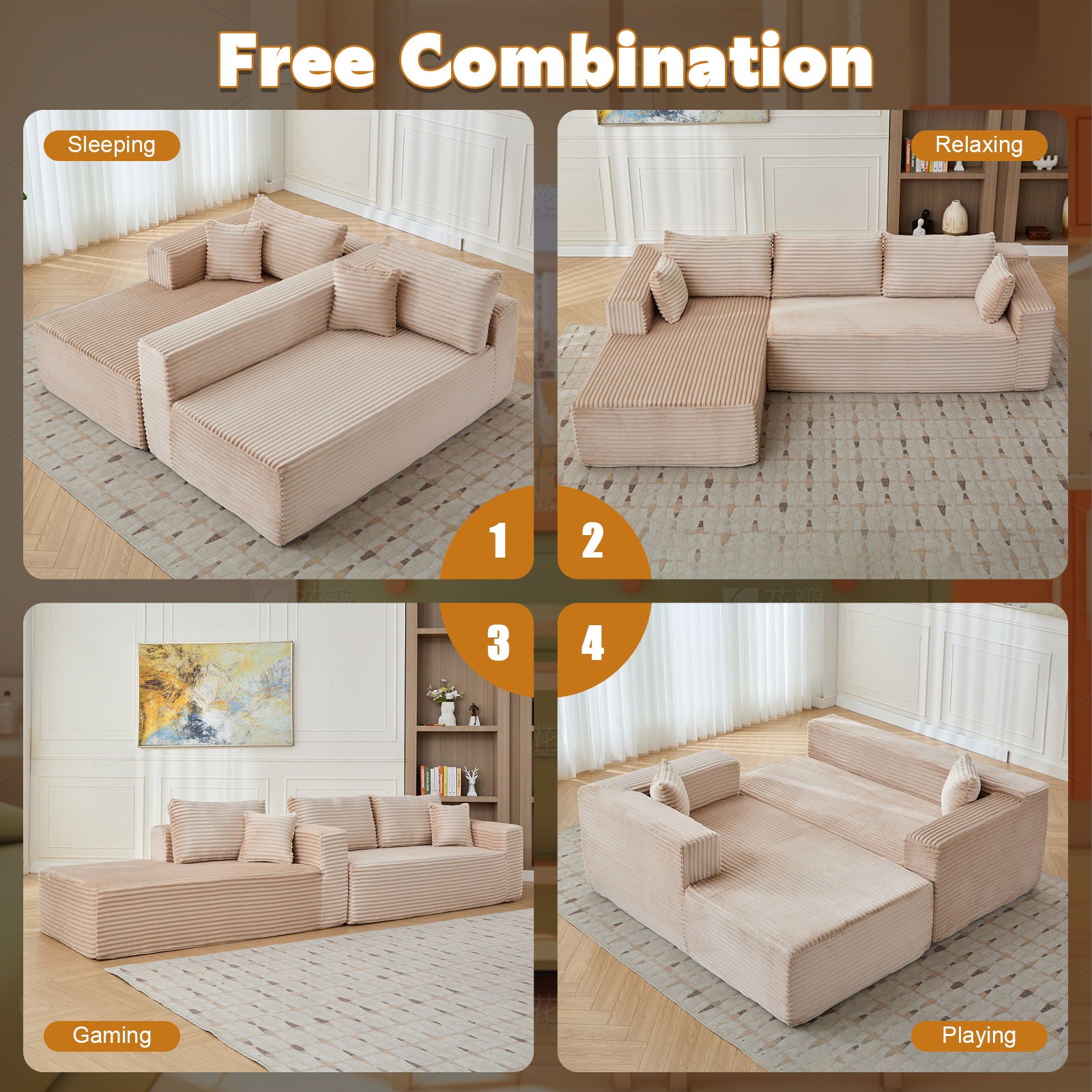Compression Sectional Couch With Comfy Chaise, Boneless L Shape Sofa With Deep Seat