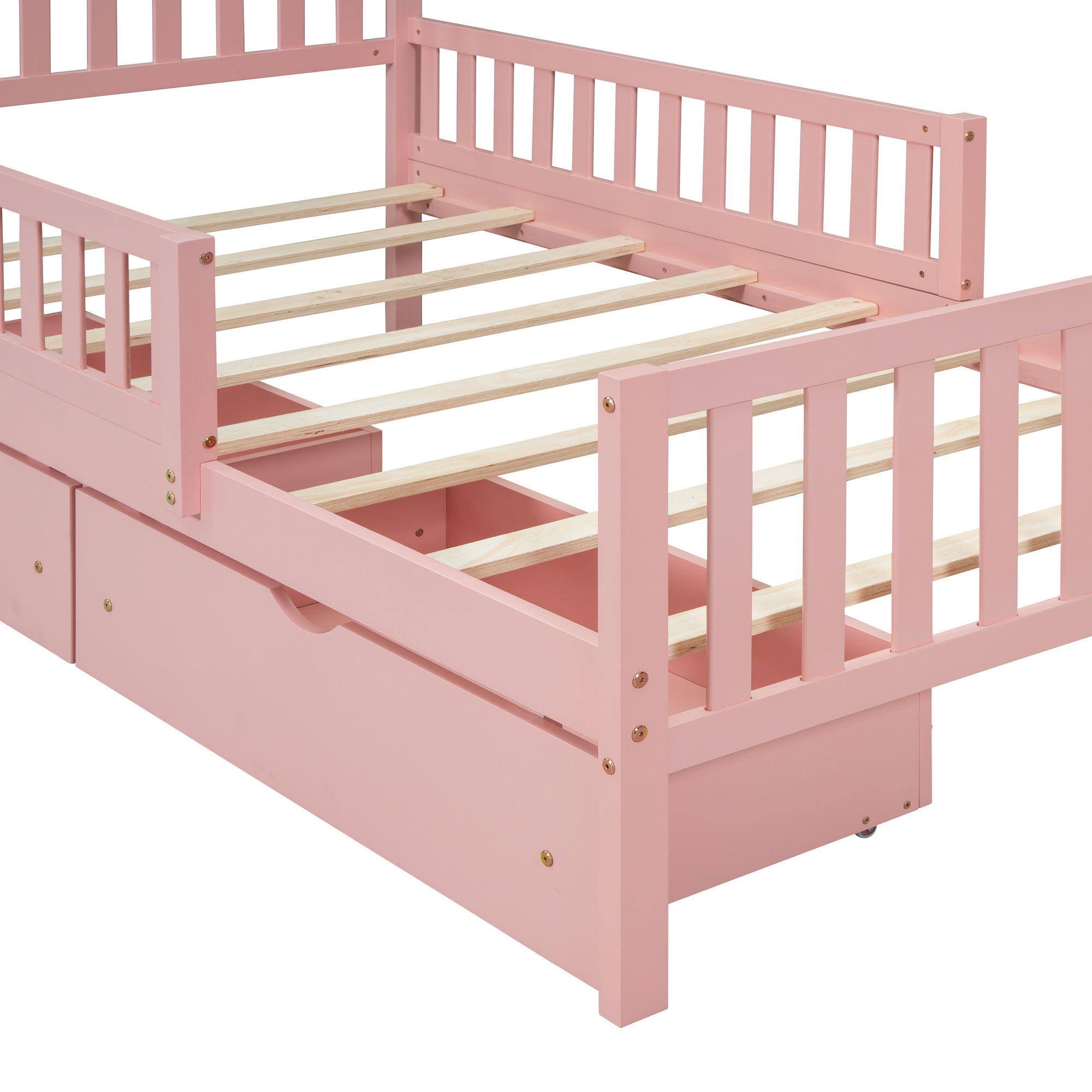 Platform Bed With Guardrails On Both Sides And 2 Storage Drawers