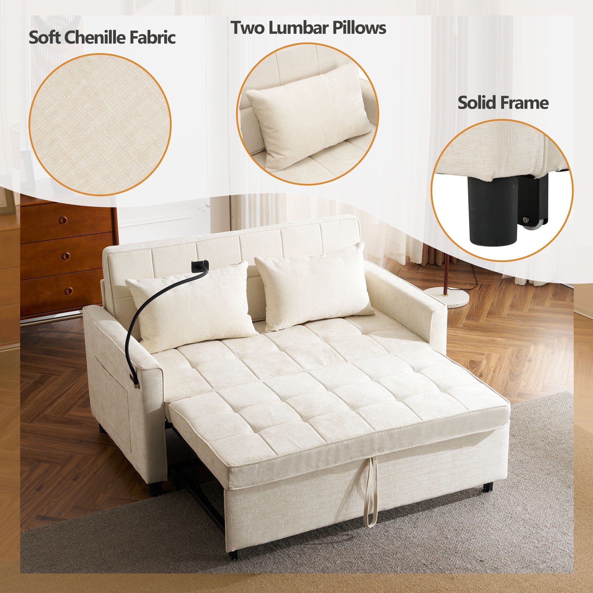 Pull-Out Sleeper Sofa With Reversible Backrest Cushion, Side Pockets, 2 USB Ports And A Phone Holder For Living Room
