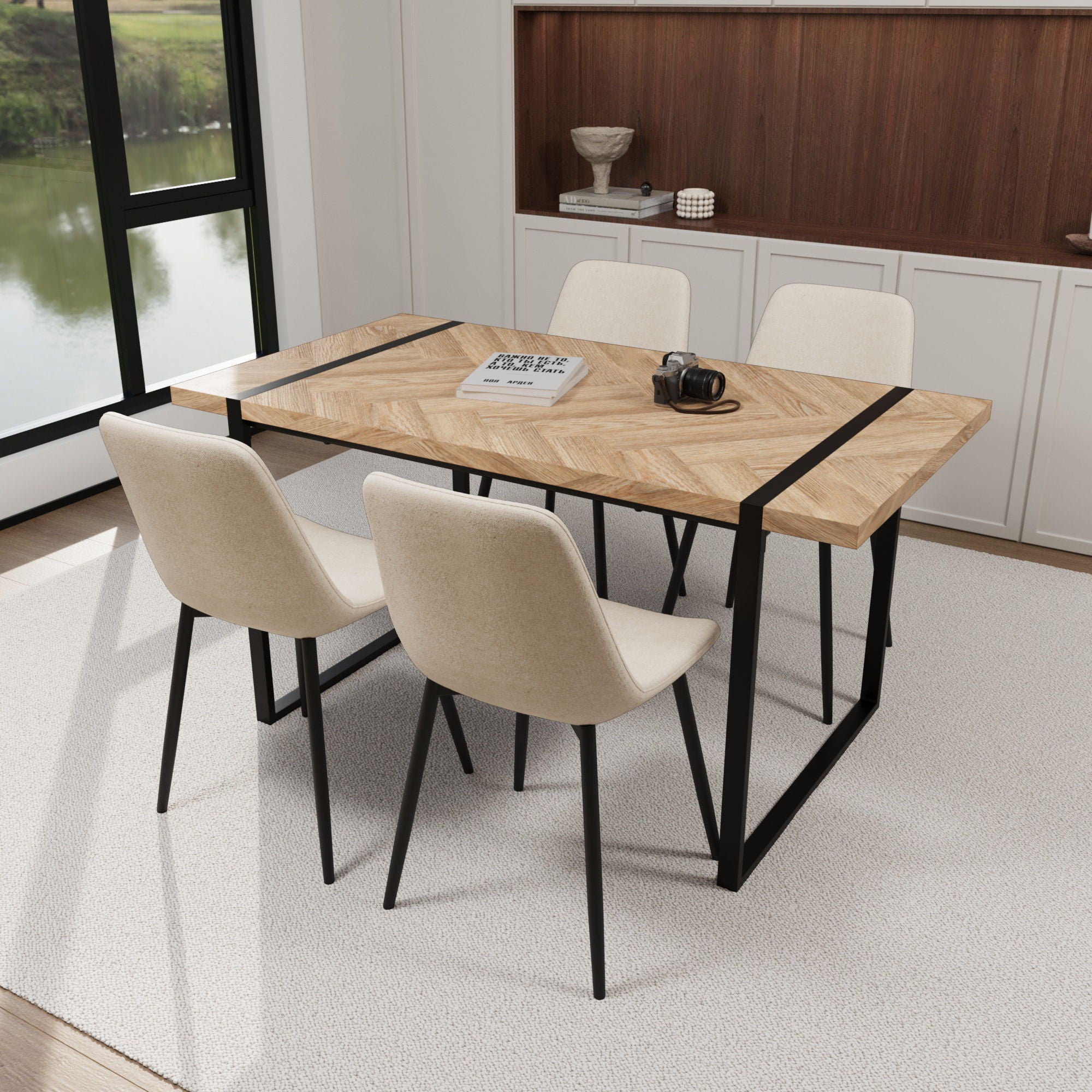 Modern Dining Table & Suede Chair Set WIth Rectangular Metal Base