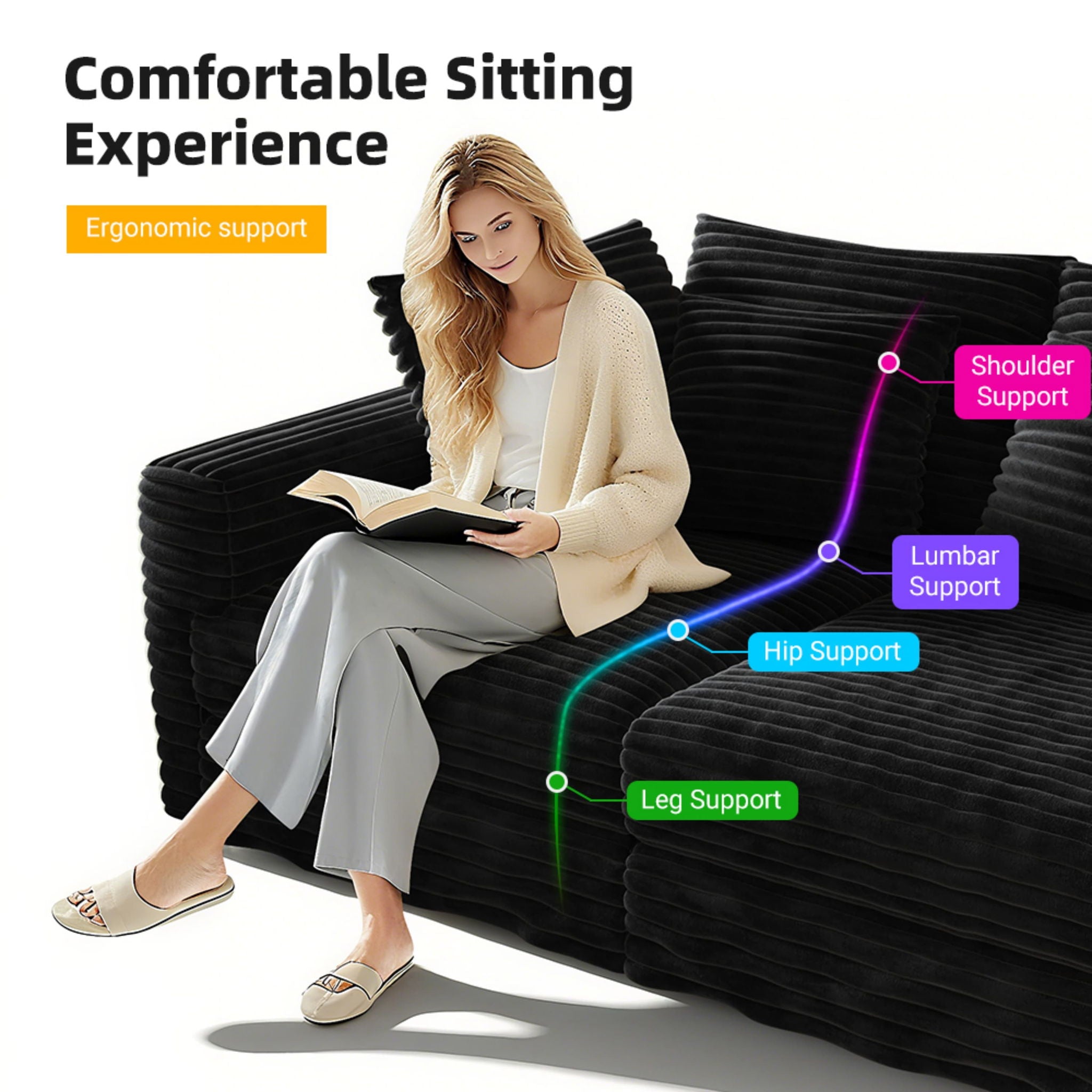 Plush Corduroy 4 Seat Sofa, Modern Comfy Upholstered Sofa Cloud Couch, Deep Seat Couches With Soft Pillows