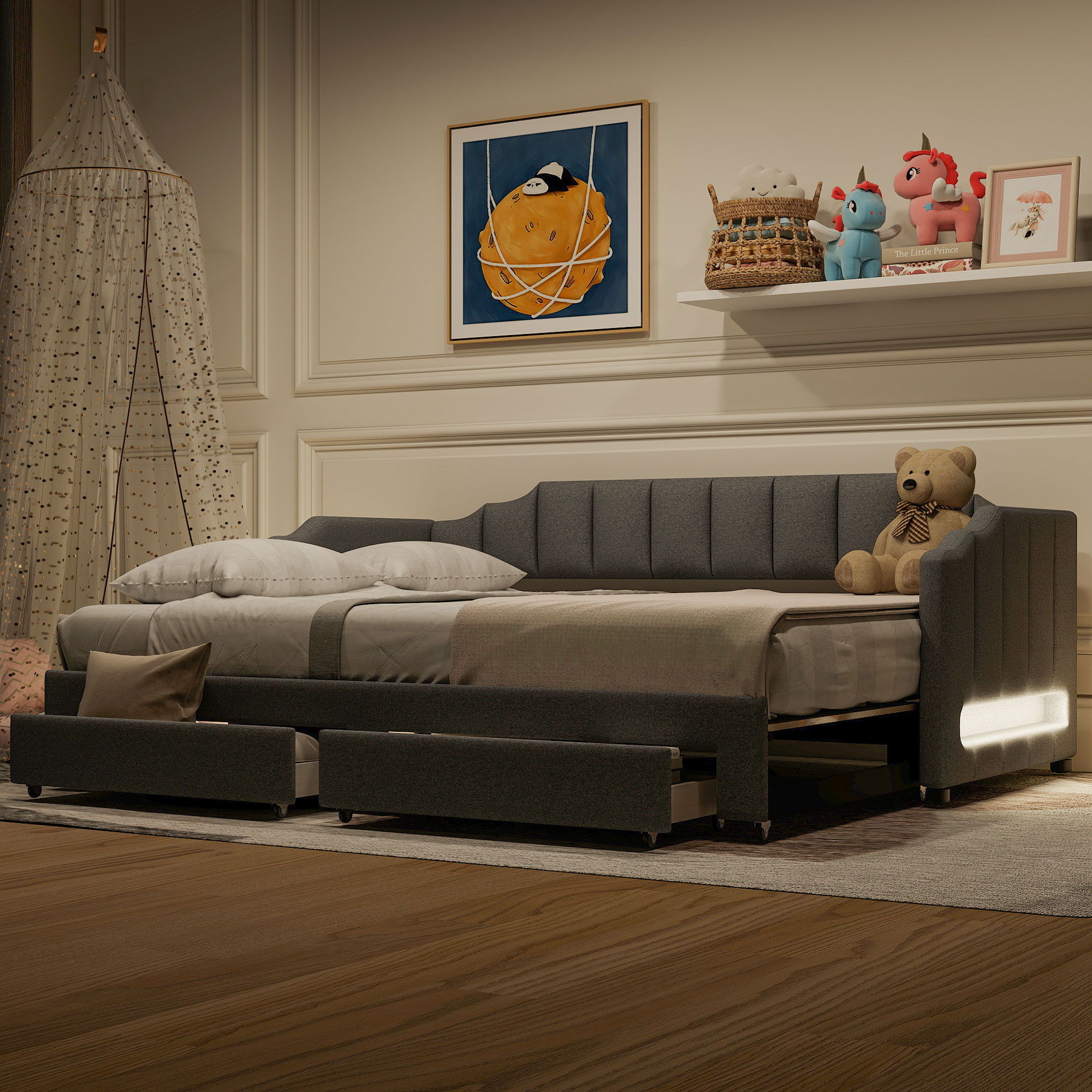 Extendable Daybed With LED Light And 2 Storage Drawers