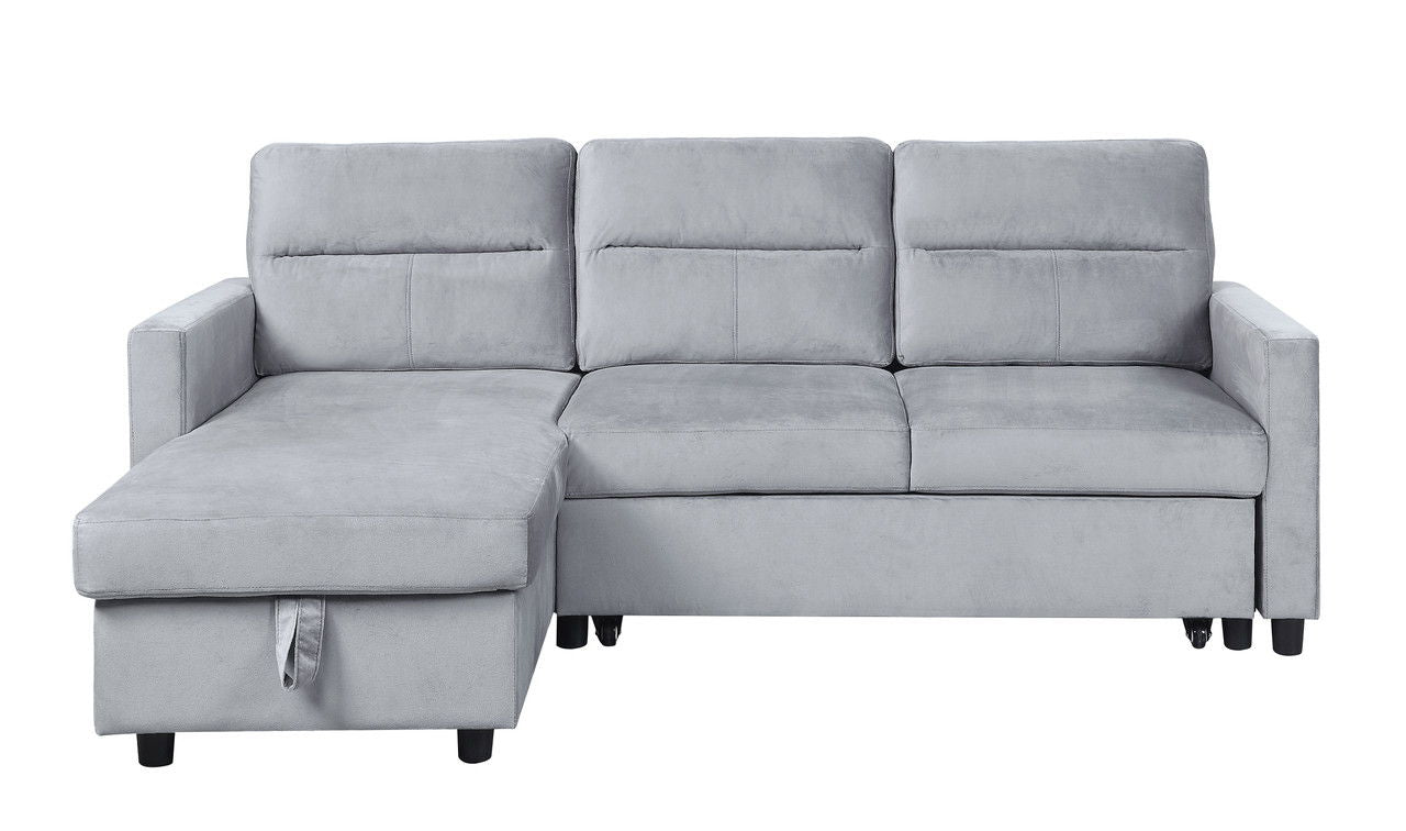 Ivy 81.5"W Light Gray Velvet Reversible Sleeper Sectional Sofa with Storage Chaise and Side Pocket
