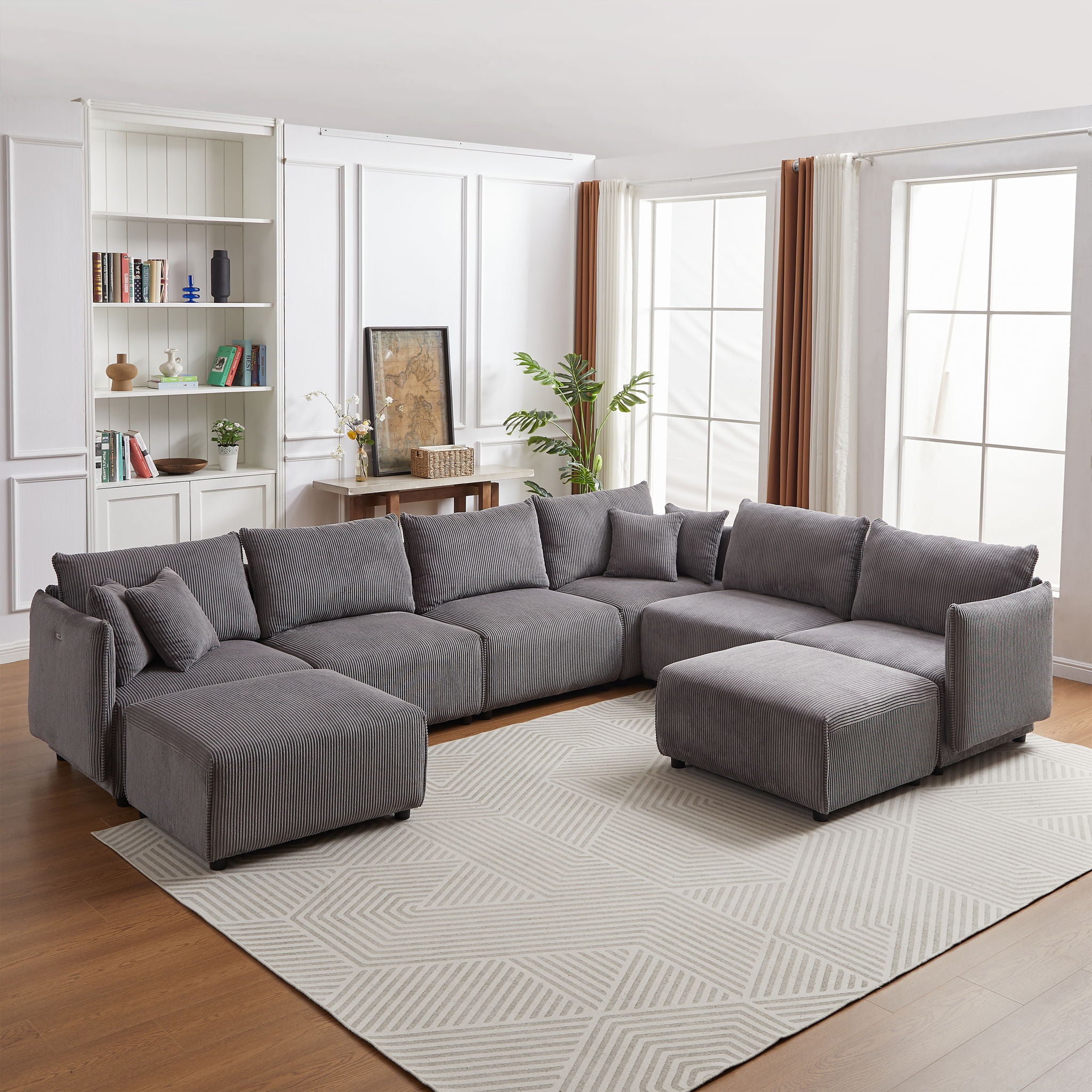 Modern Minimalist Corduroy Combination Sofa With 2 Comfort Cushions With USB & C Charging Ports