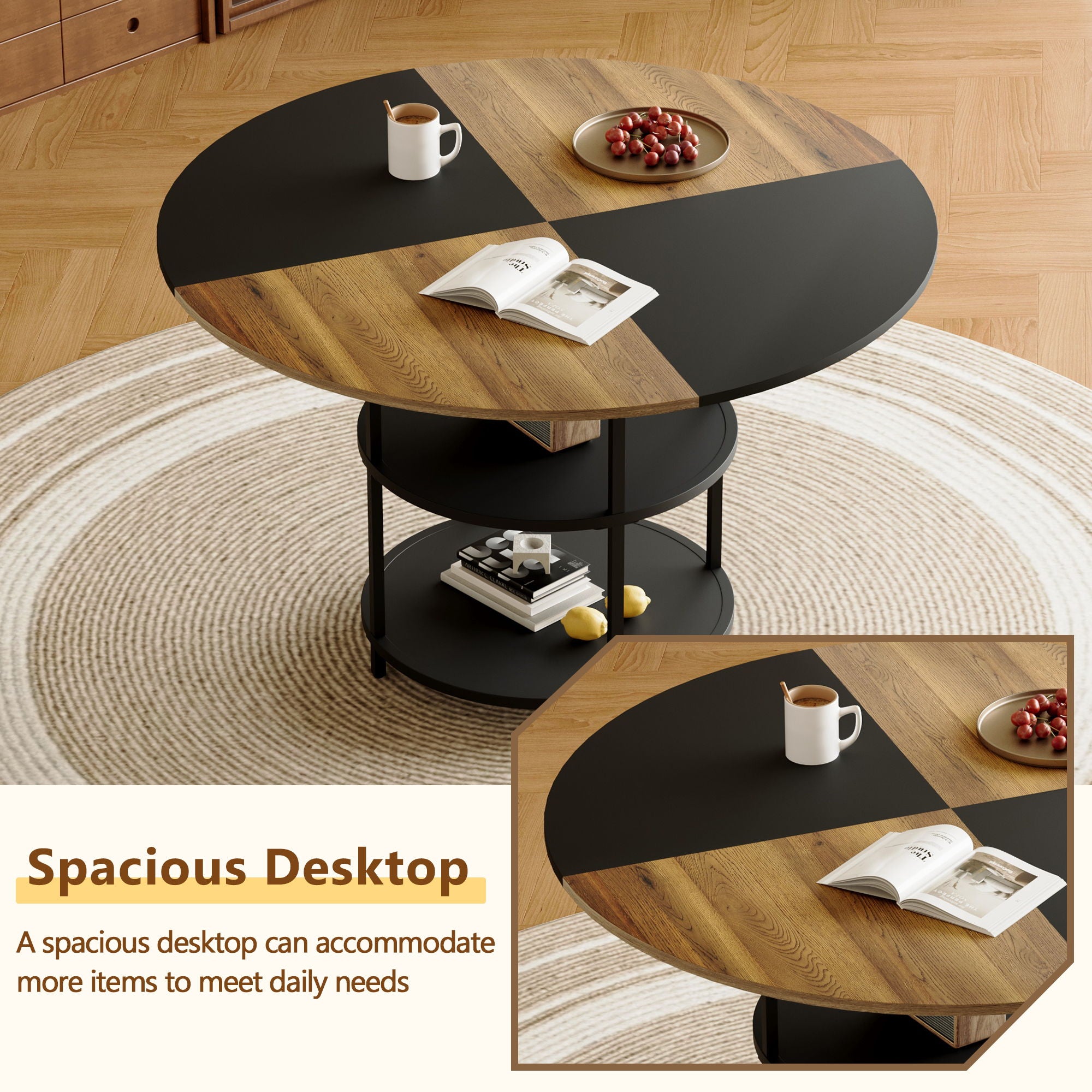 Diameter - Modern Splicing Circular Dining Table Double Layer Storage - Wood / Black