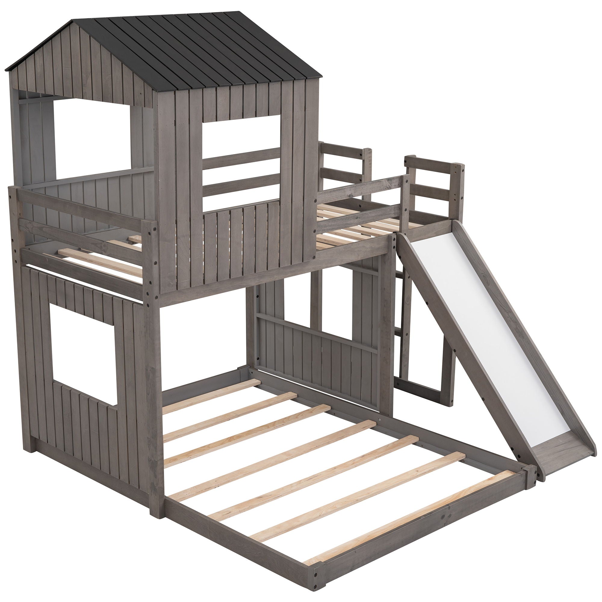 Loft Bunk Bed With Playhouse, Farmhouse, Ladder, Slide And Guardrails