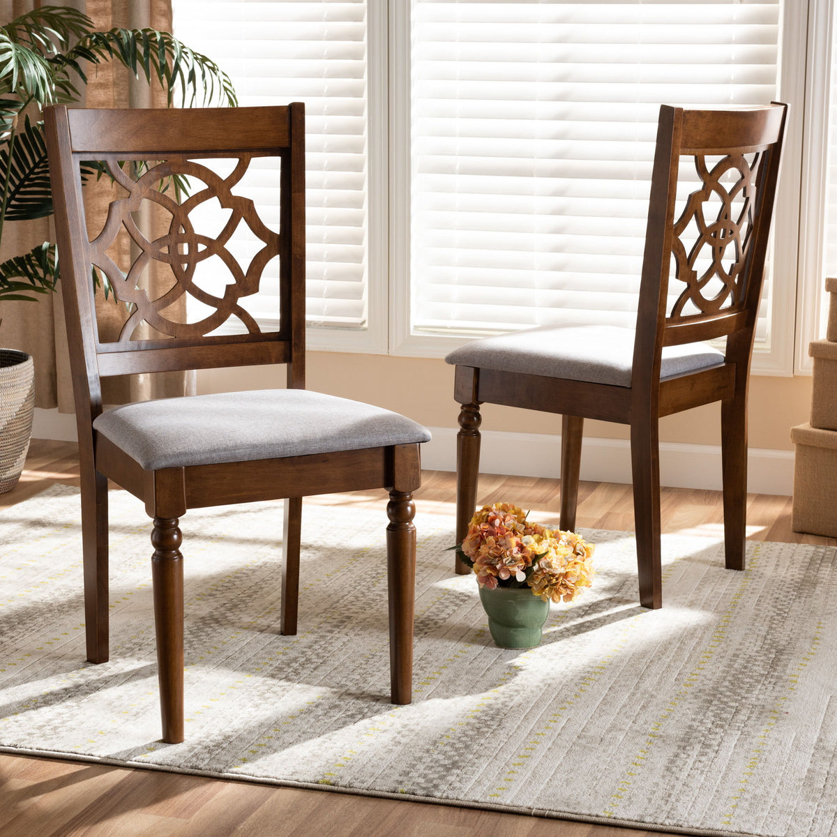 Renaud Modern and Contemporary Grey Fabric Upholstered and Walnut Brown Finished Wood 2-Piece Dining Chair Set